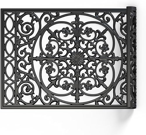 Felpudo de goma, duradero, de perfil bajo, para interiores y exteriores, fácil de limpiar, tapete de entrada de patio (flor negra, 24 x 16 pulgadas)