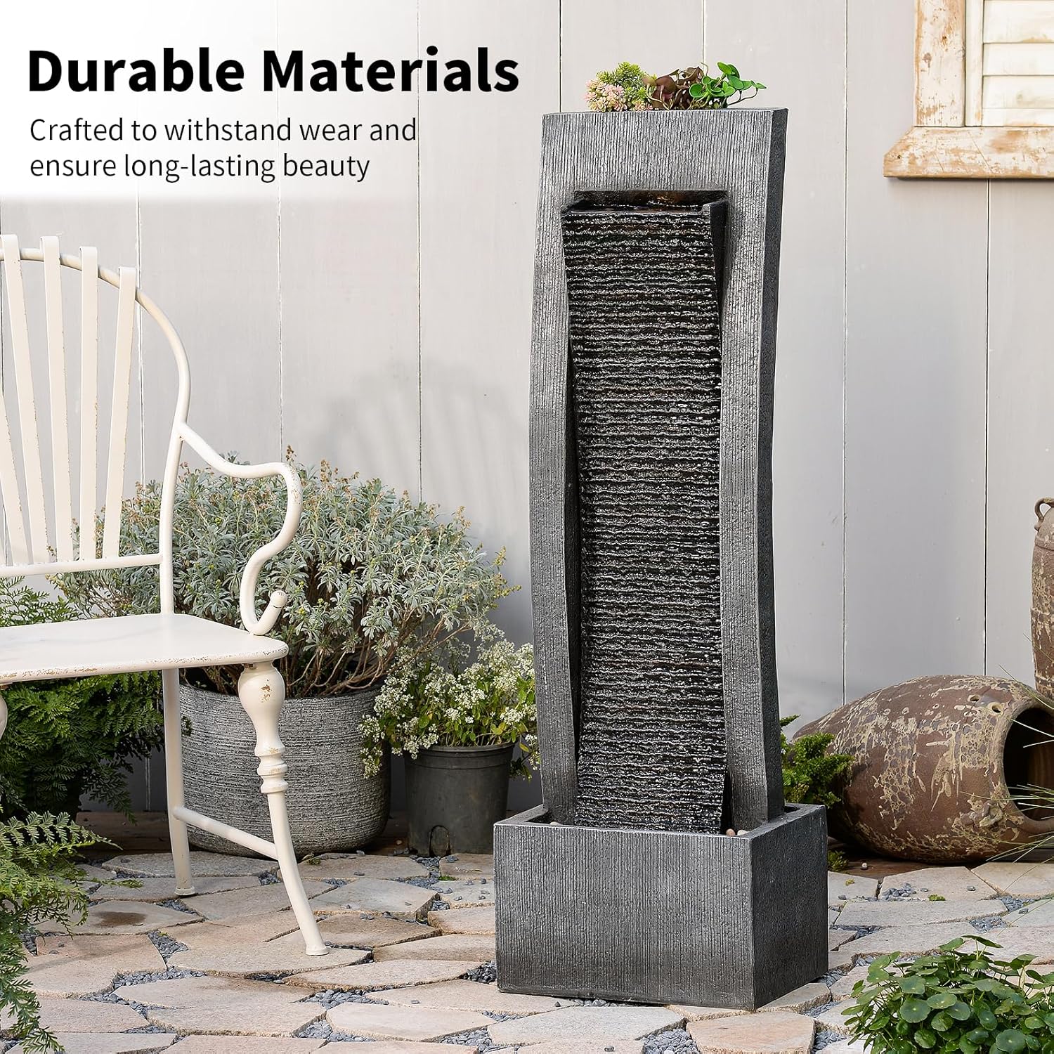 Water Fountain Outdoor Freestanding Fountains Indoor Waterfall Floor Standing Water Fountains for Garden, Patio, 49.2 Inches Tall with LED Lights, Pump, Natural Stones