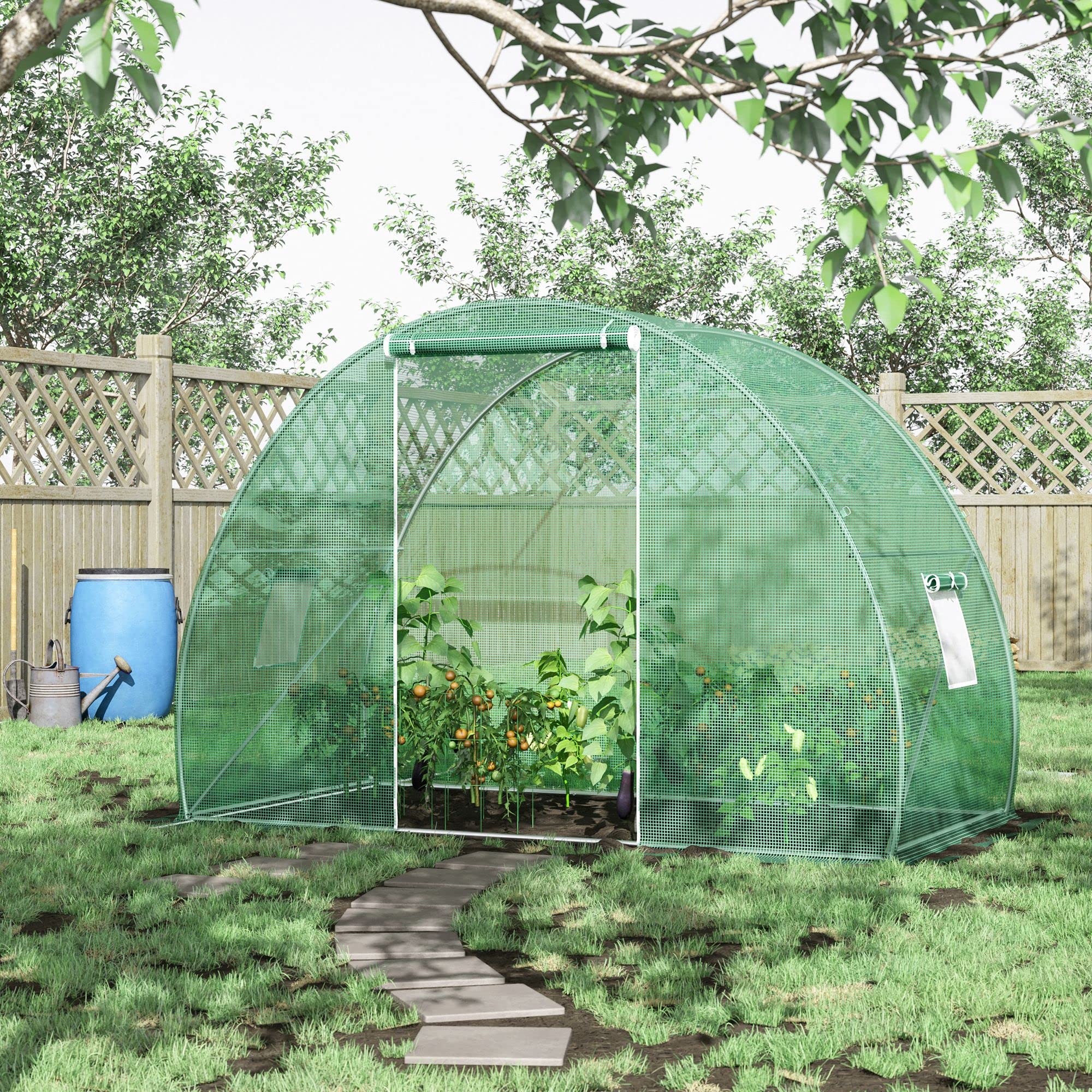 Serra da Giardino a Tunnel per Orto con Porta Avvolgibile e Finestre Copertura PE e Struttura in Acciaio 150x300x200cm Verde