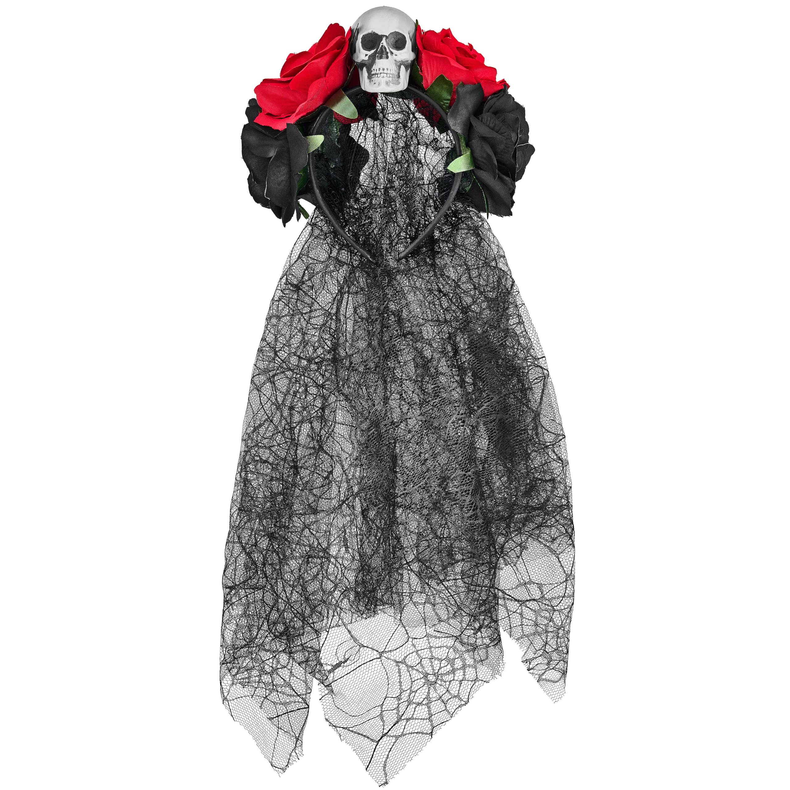 Balinco Dia de los Muertos Women's Day of the Dead Headband with Skull, Roses, Veil and Temporary Face Tattoo, Red, Black - Image 4