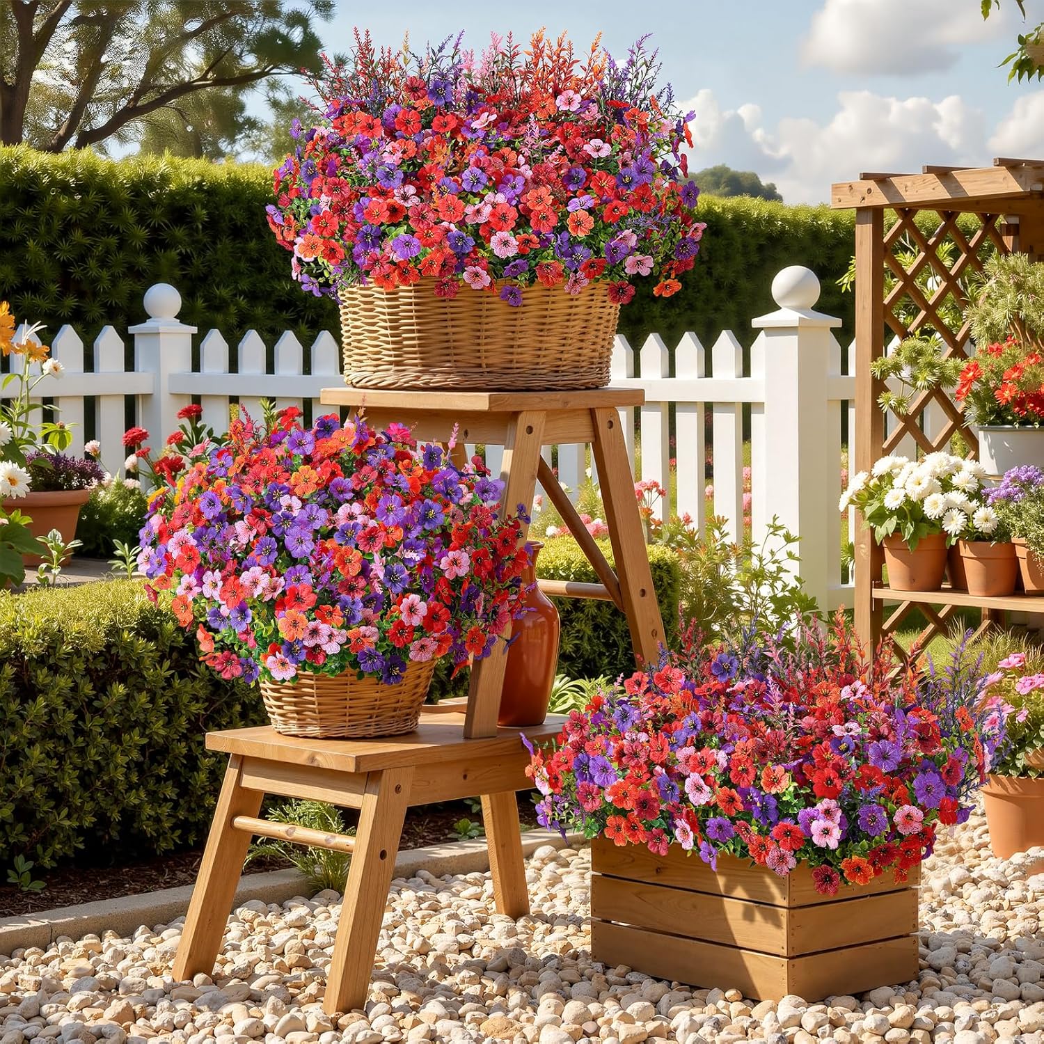 SHareconn 24 Bundles Artificial Flowers for Outdoors Decoration, Faux Plants Fake Silk Colorful Daisy Eucalyptus Lavender, UV Resistant for Outside Home Porch Indoor Spring Decor, 6 Colors incl. Brown