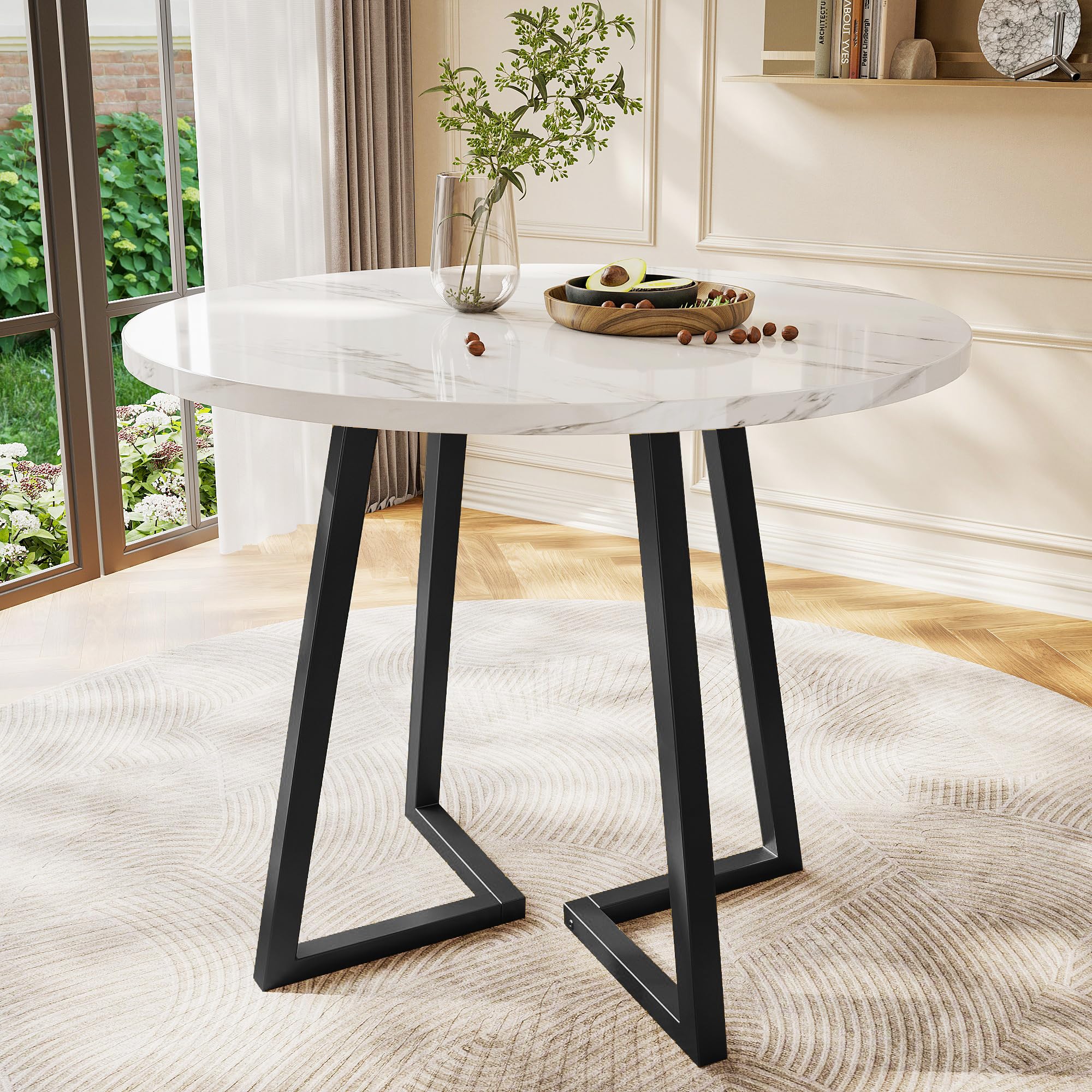 Tavolo Rotondo da Cucina in MDF con Gambe in Metallo, Tavolo da Pranzo Moderno con Motivo Marmo, per Esszimmer e Soggiorno, Bianco e Nero, Diametro 80 cm, Altezza 75 cm