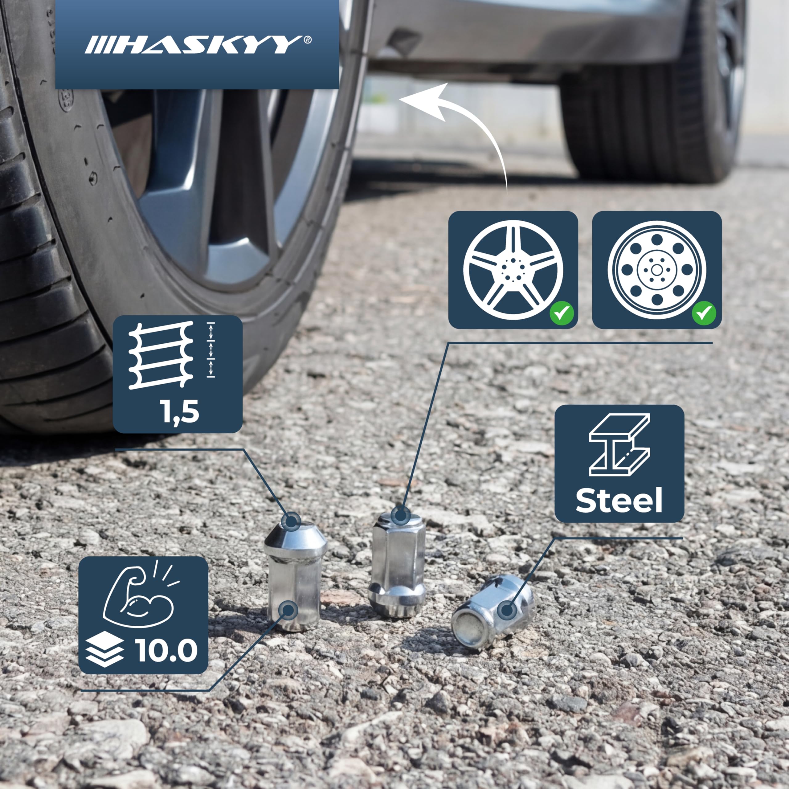 HASKYY 24 dadi per ruota M14 x 1,5 x 41 mm, attacco conico a 60° SW19 (larghezza chiave), dadi cromati a 6 fori, compatibili con Dodge RAM a partire dal 2019