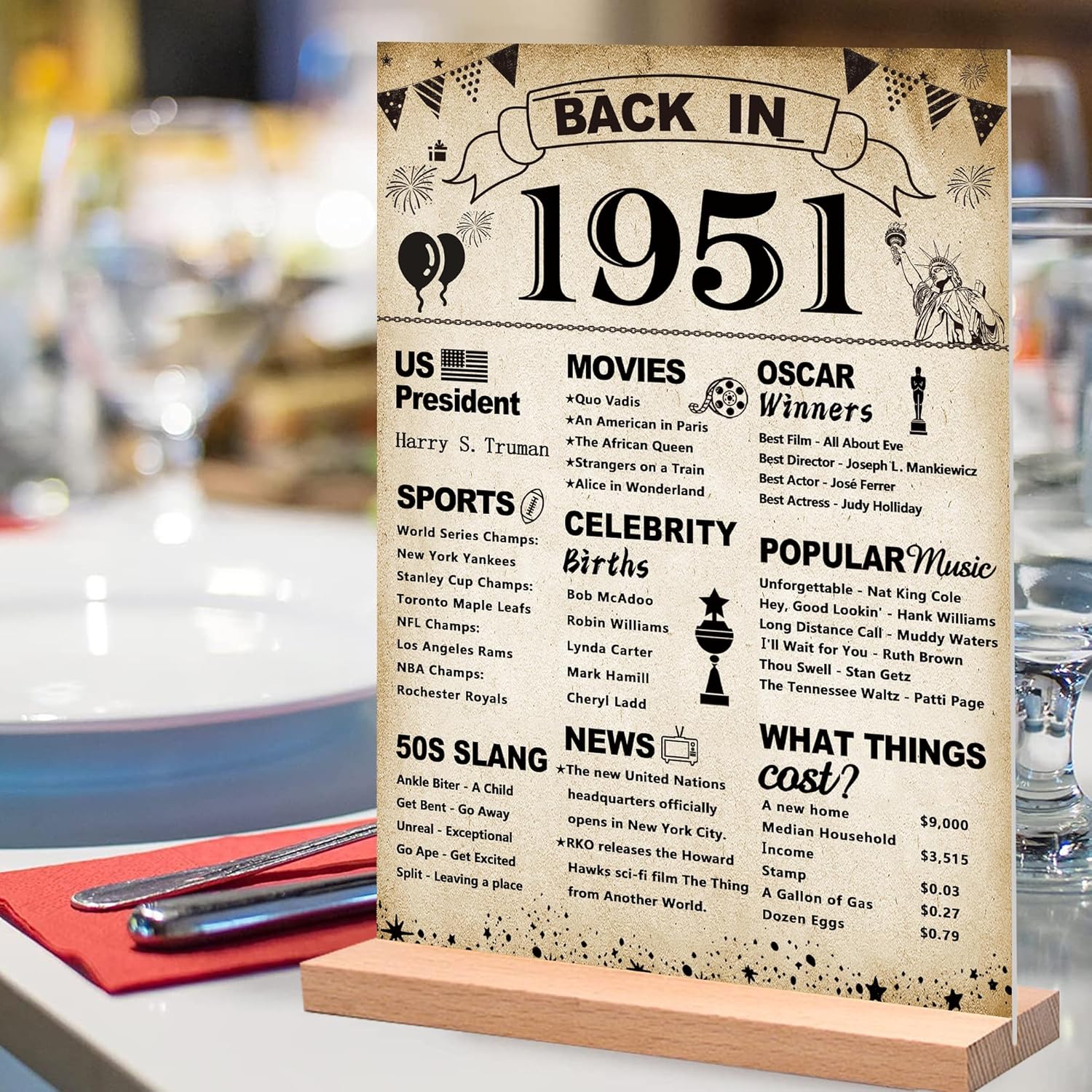 DARUNAXY 75th Birthday Party Decorations, Vintage Back in 1951 Poster Acrylic Sign with Stand 75 Year Old Party Supplies for Men& Women Vintage 1951 Table Decor 75th Anniversary Class Reunion Gifts - Image 4