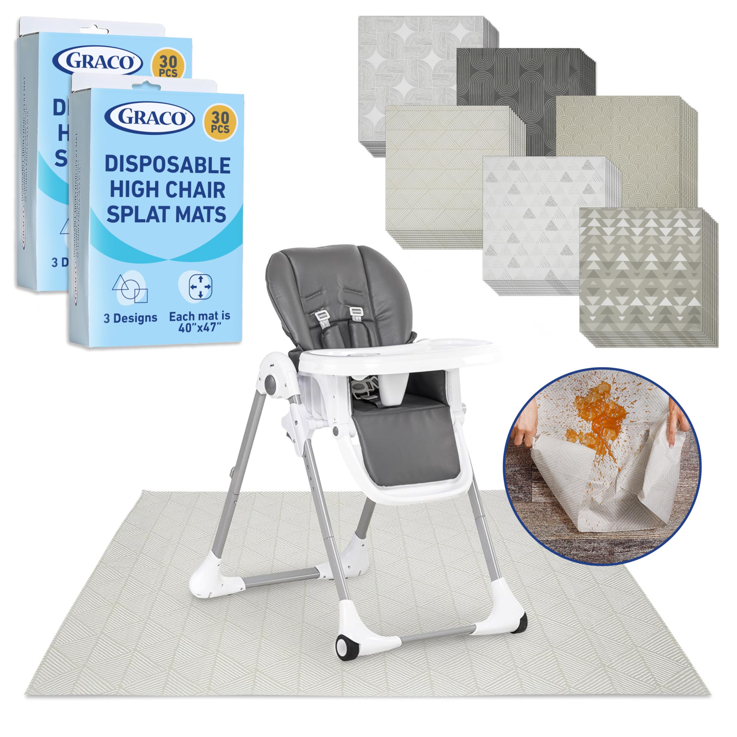 Graco Baby Disposable Splat Mats – 60 Count (6 Designs, 10 of Each), 47" x 40", Biodegradable Floor Protector for Mealtime, Under High Chair, Home &amp; Restaurant Use