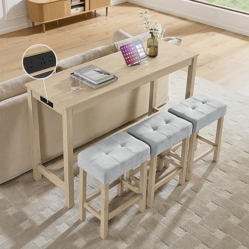 Miniatura 23 de Merax - Juego de mesa de bar de 4 piezas con toma de corriente, juego de mesa de desayuno industrial y sillas con 3 taburetes acolchados, para sala