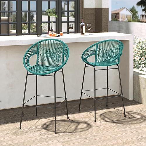 Ferrara Plastic Wicker Bar Stools Set of 2, Indoor Outdoor