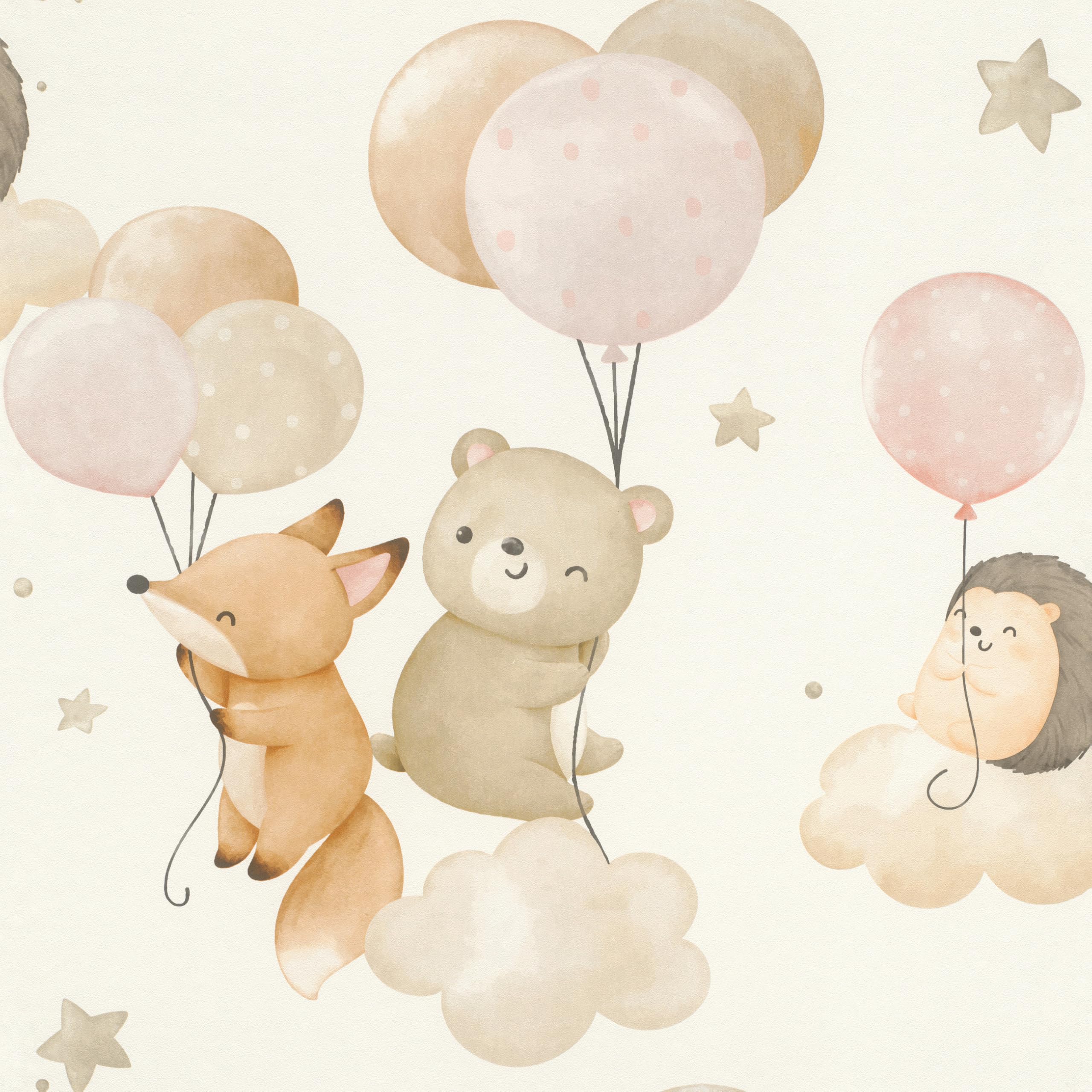 Papier peint lavable animaux et ballons Rasch 302110 décoration murale rose et beige