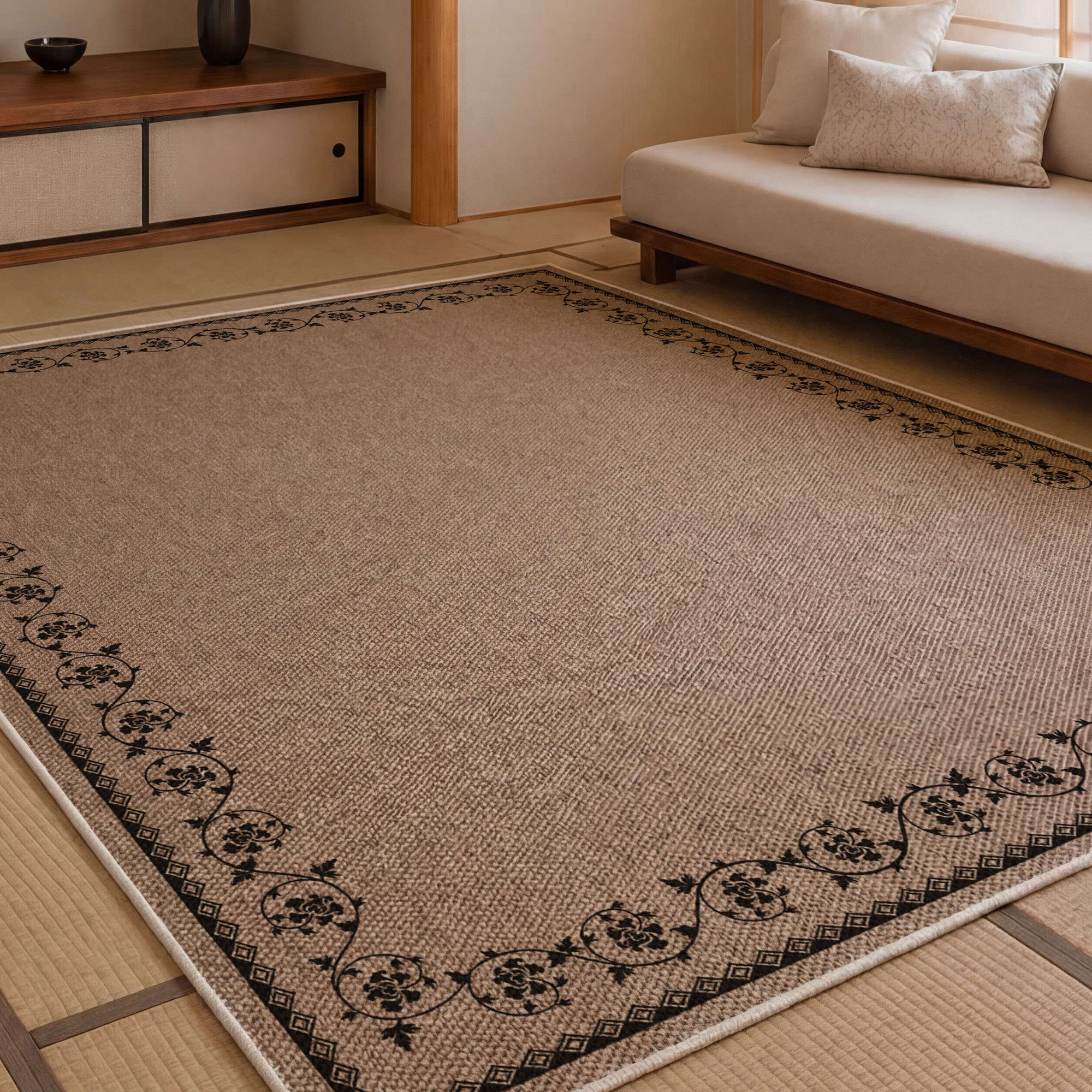 【在庫処分】和風ラグ 140×185cm 唐草模様 伝統文様 リネン風 ラグマッ Amazon｜和風ラグ 140×185cm 唐草模様 伝統文様 リネン風 ラグマット