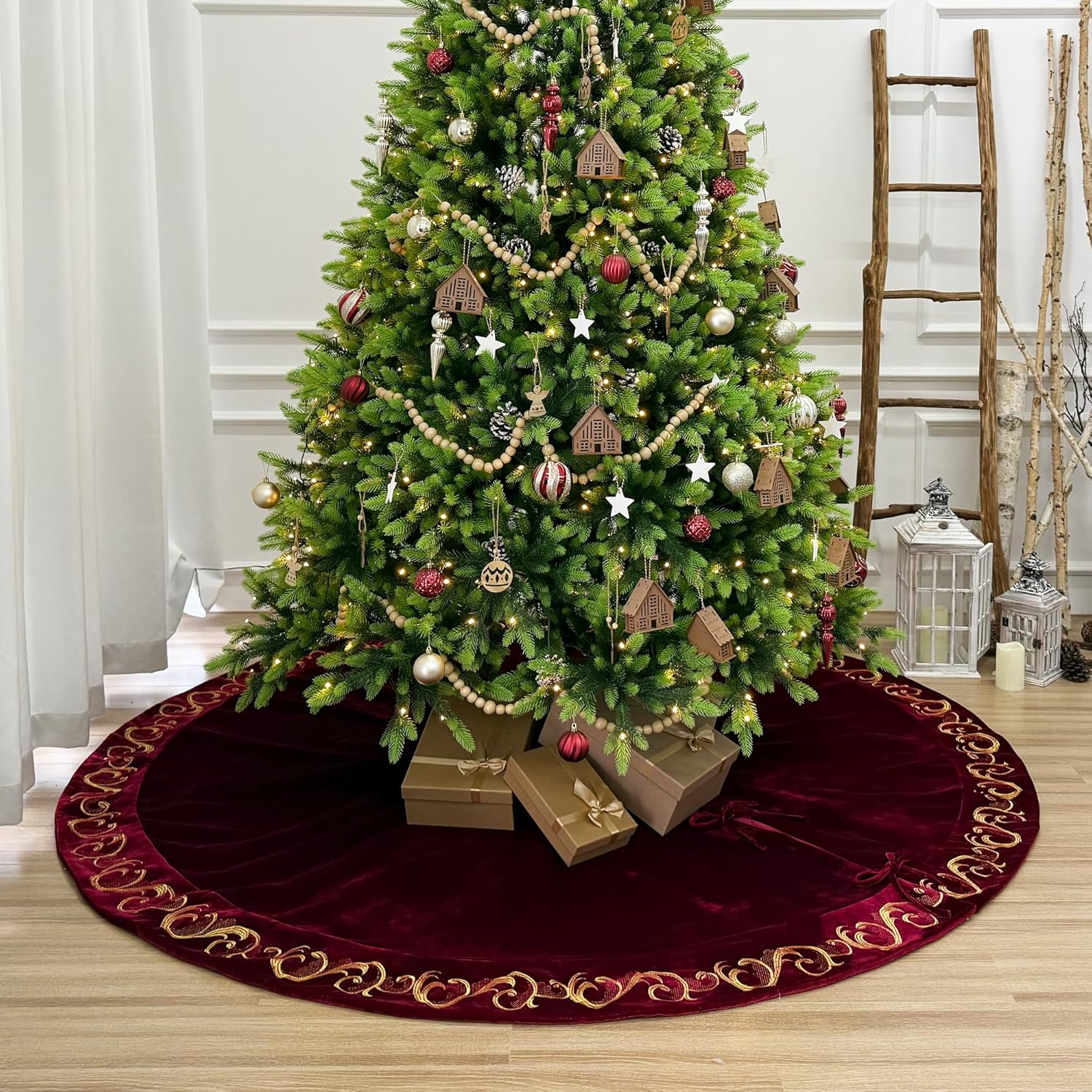 84-Inch Burgundy Velvet Christmas Tree Skirt with Golden Swirl Embroidery, Foam-Padded, Elegant Lace Tie Closures