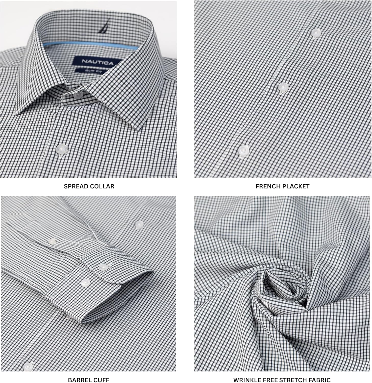 Close-up details of Nautica dress shirt: spread collar, French placket, barrel cuff, and wrinkle-free stretch fabric texture