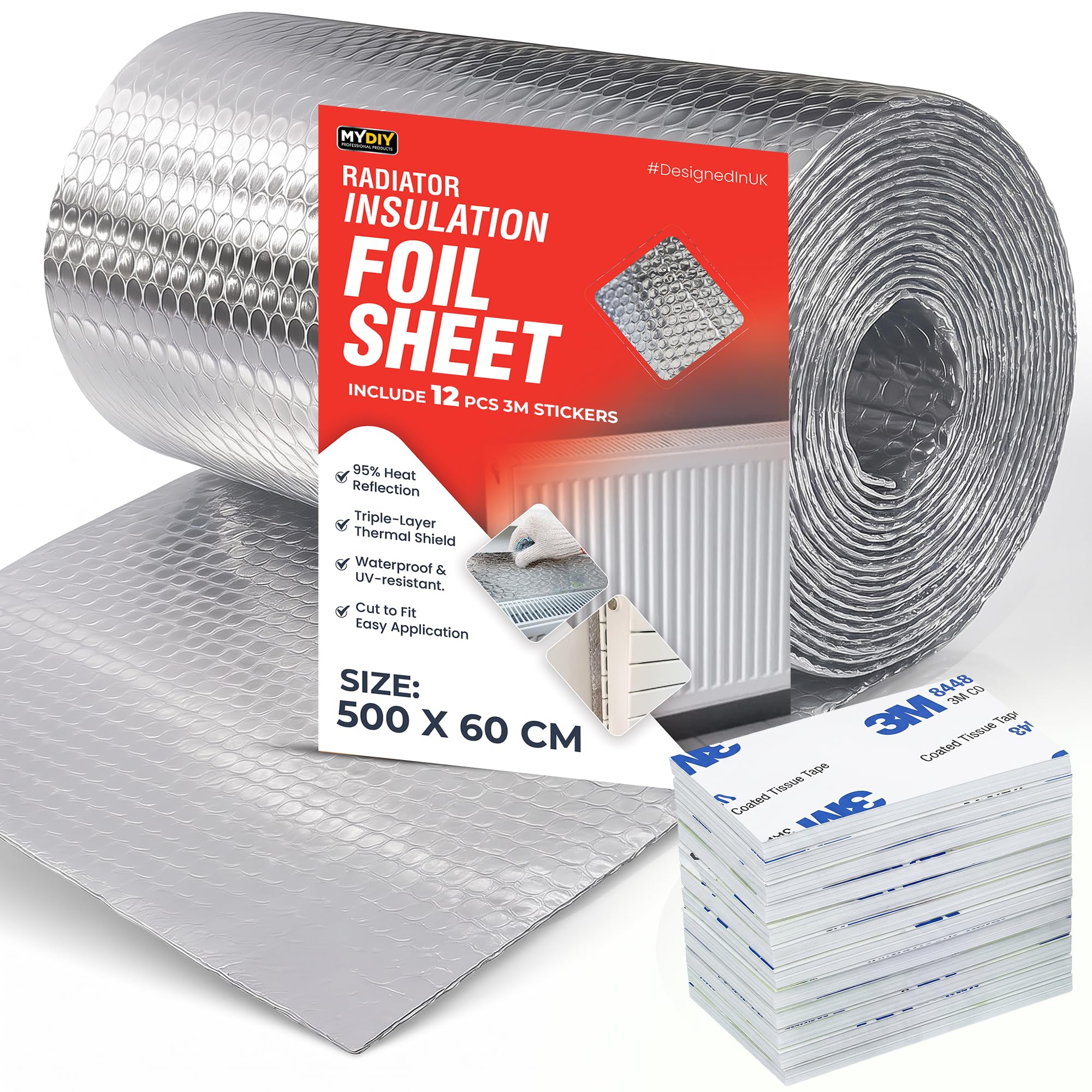 My DIY Radiator Insulation Foil Sheet 5 Meters x 60CM Reflects 95% Heat with 12 PCS Stickers Thermal Radiator Reflector UV Resistant, Energy Saving Foil for Wall & Floor Radiators