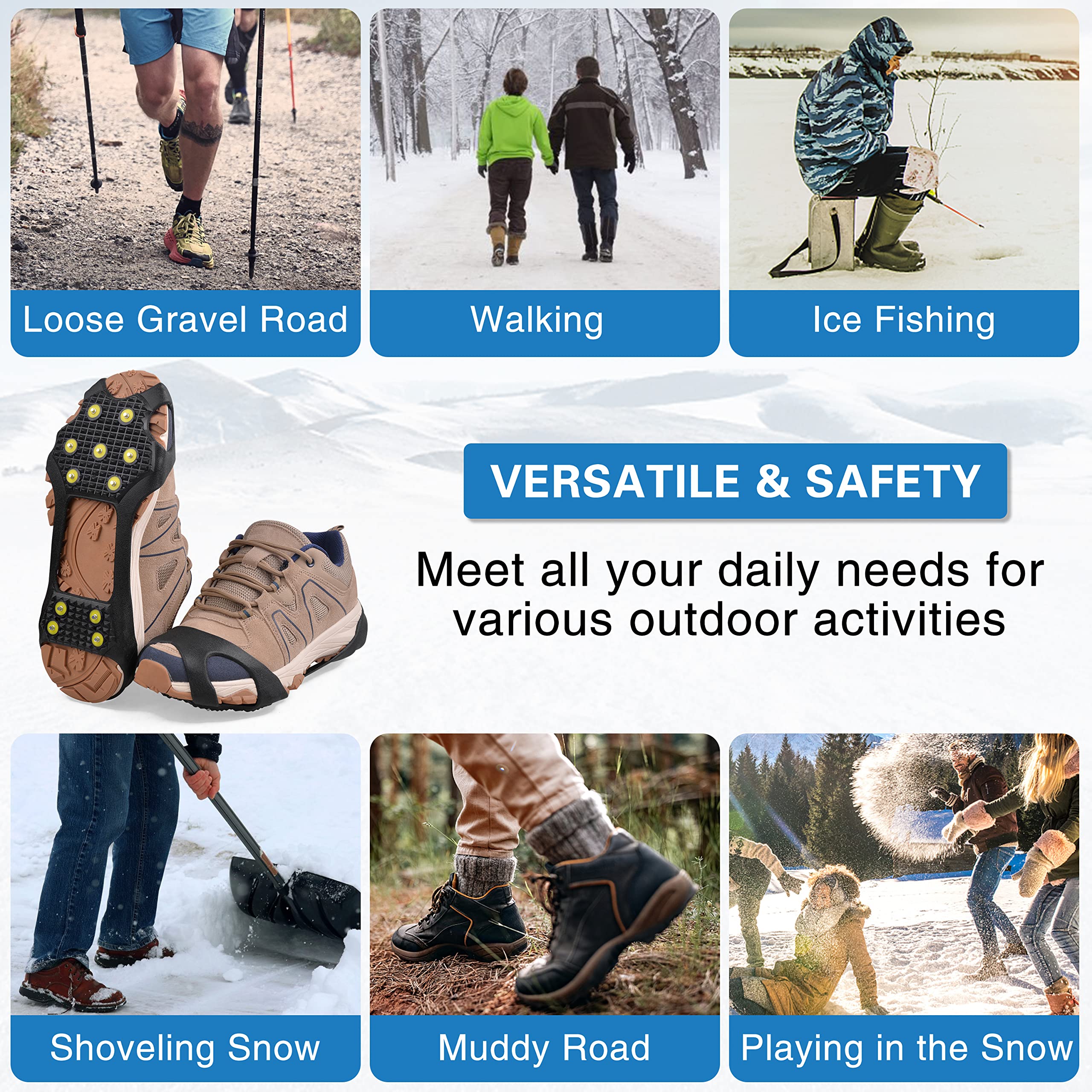 Ice Snow Traction Cleats Steigeisen, 11-Nieten Walk Traction Cleats Steigeisen für Gehen auf Schnee und Eisschuhe und Stiefel Slip-on Stretch Schuhe für Männer Frauen