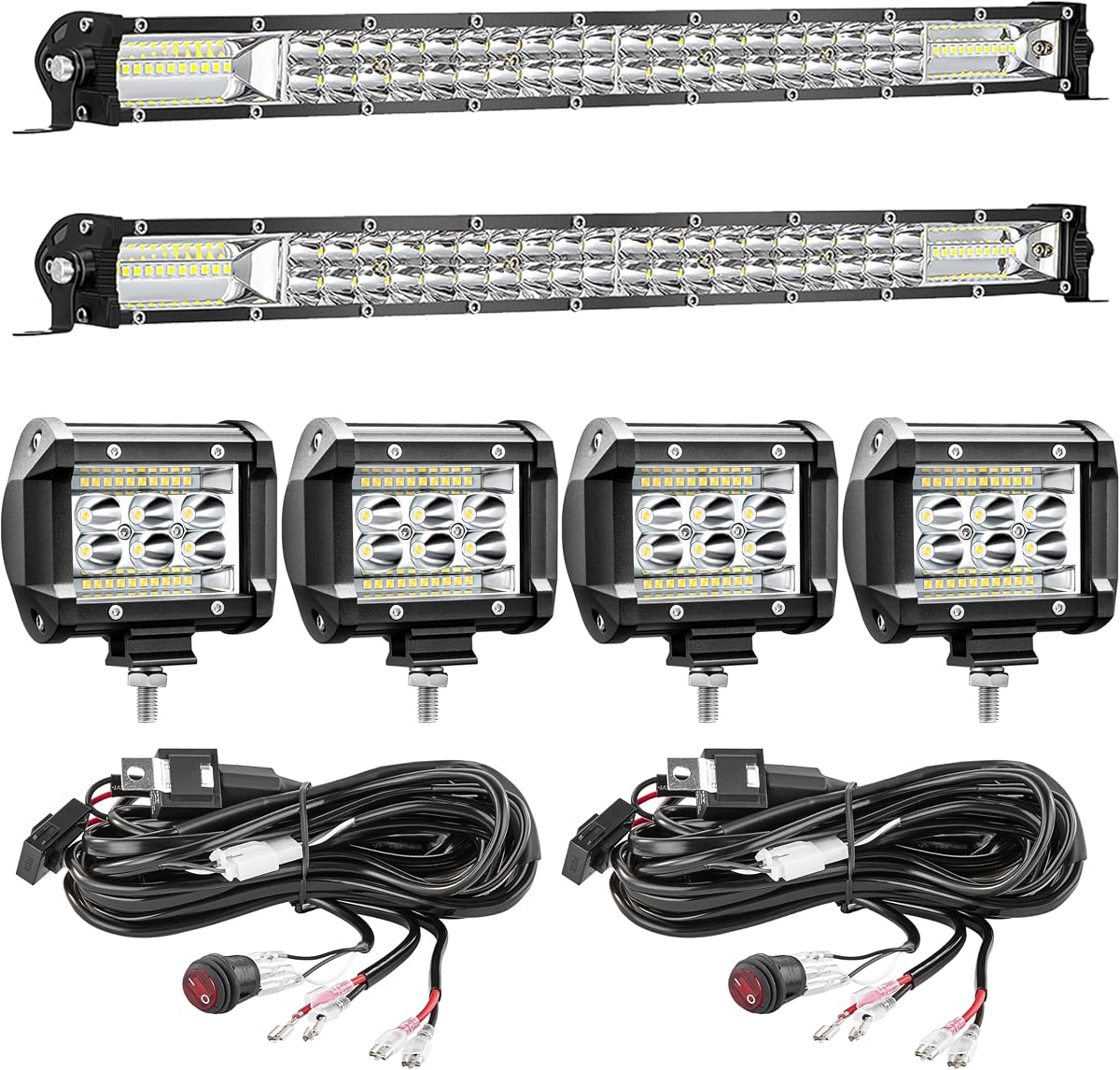 LED Light Bar Kit, (2) 20 Inch Slim Light Bars, (4) 4 Inch LED Light Pods, (2) 12V Wiring Harness, (2) 24V Relays, Car Service Truck ATV UTV SXS RV Tractor Work Lights, Off Road Driving Lights