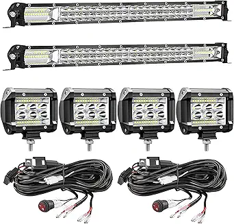 LED Light Bar Kit, 2 x 20 Inch Slim Light Bars, 4 x 4 Inch LED Pods, Wiring Harness for Off-Road Vehicles