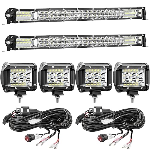 SAN YOUNG LED Light Bar Kits, (2) 20 Inch Slim Light Bars, (4) 4 Inch LED Pods, (2) Wiring Harness, 12V 24V Car Truck ATV Tractor Work Lights, Waterproof Car Off Road Driving Lighting