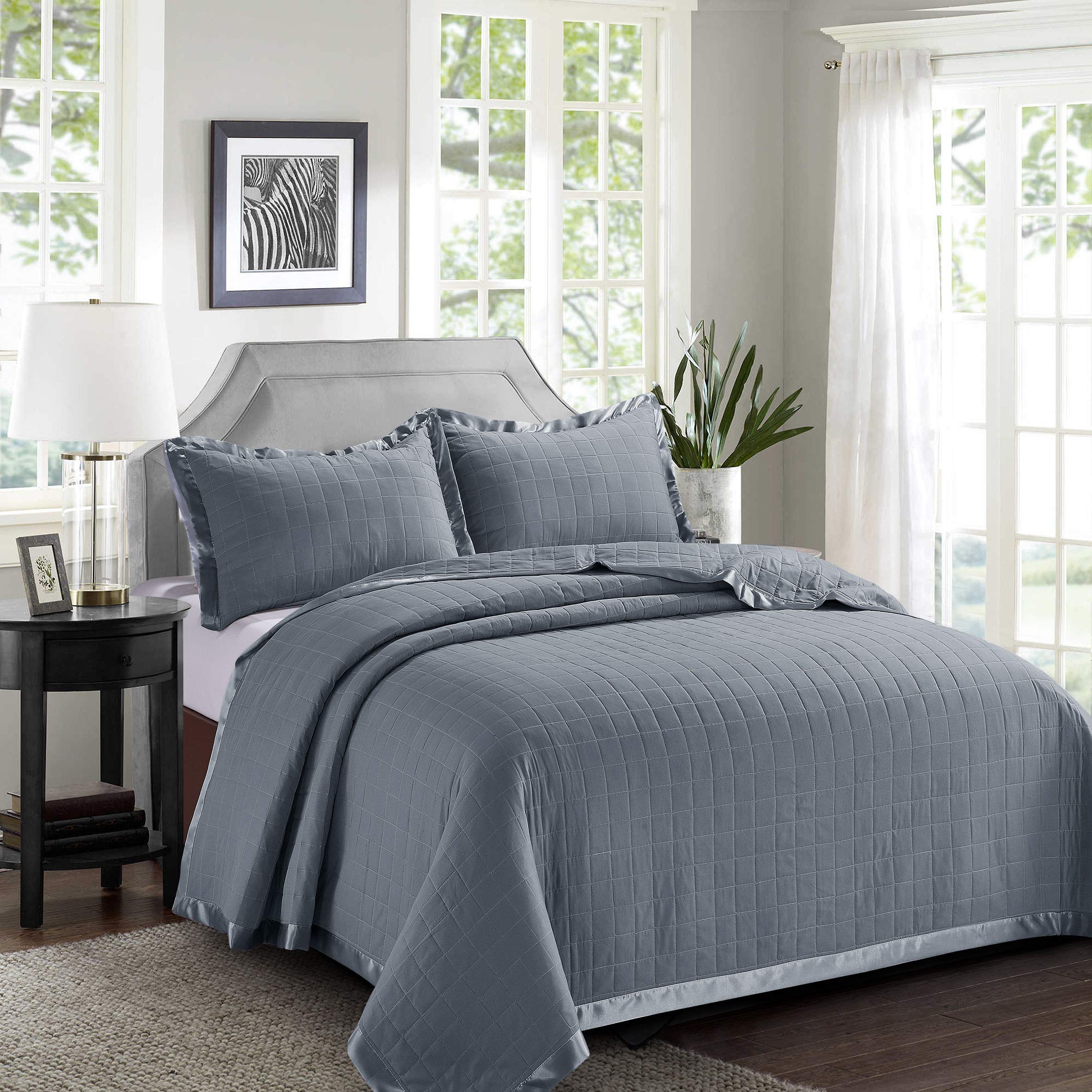 Householdfurnishing Grey Box Stitching Bedspread Bed Throw Comforter Soft And Smooth With Pillow Shams (, Single)