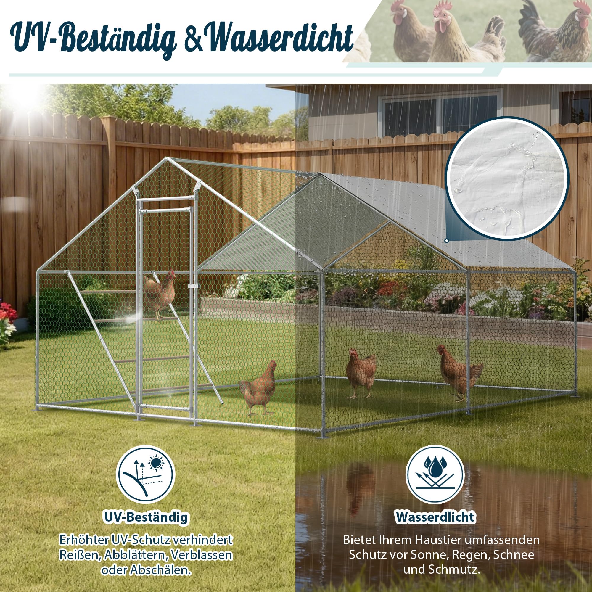 Gallinero de 3x4 m con Percha y Cierre de Seguridad - Lona Impermeable con protección UV, Tubos de Acero Reforzados de 1 mm, Conexiones Antideslizantes - Ideal para gallinas, Palomas, Patos y Pavos.