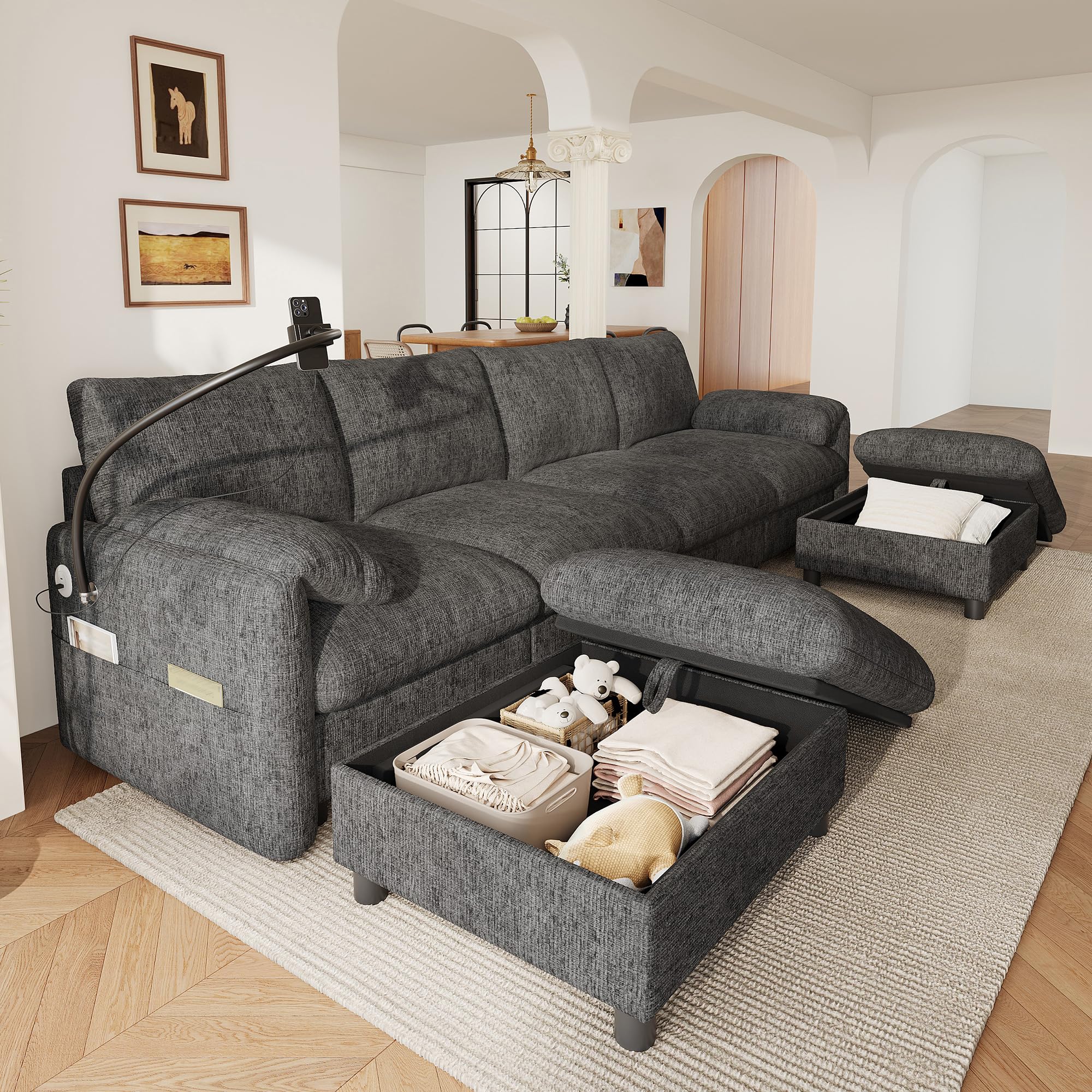 Sofa Modular Esquinero en Forma de U/L con 2 Taburetes de Almacenaje | Sofa Rinconera con USB y Soporte para Móvil, Sofas de Salon para 6 Personas, Chenilla, 273.5x133x81 cm, Gris