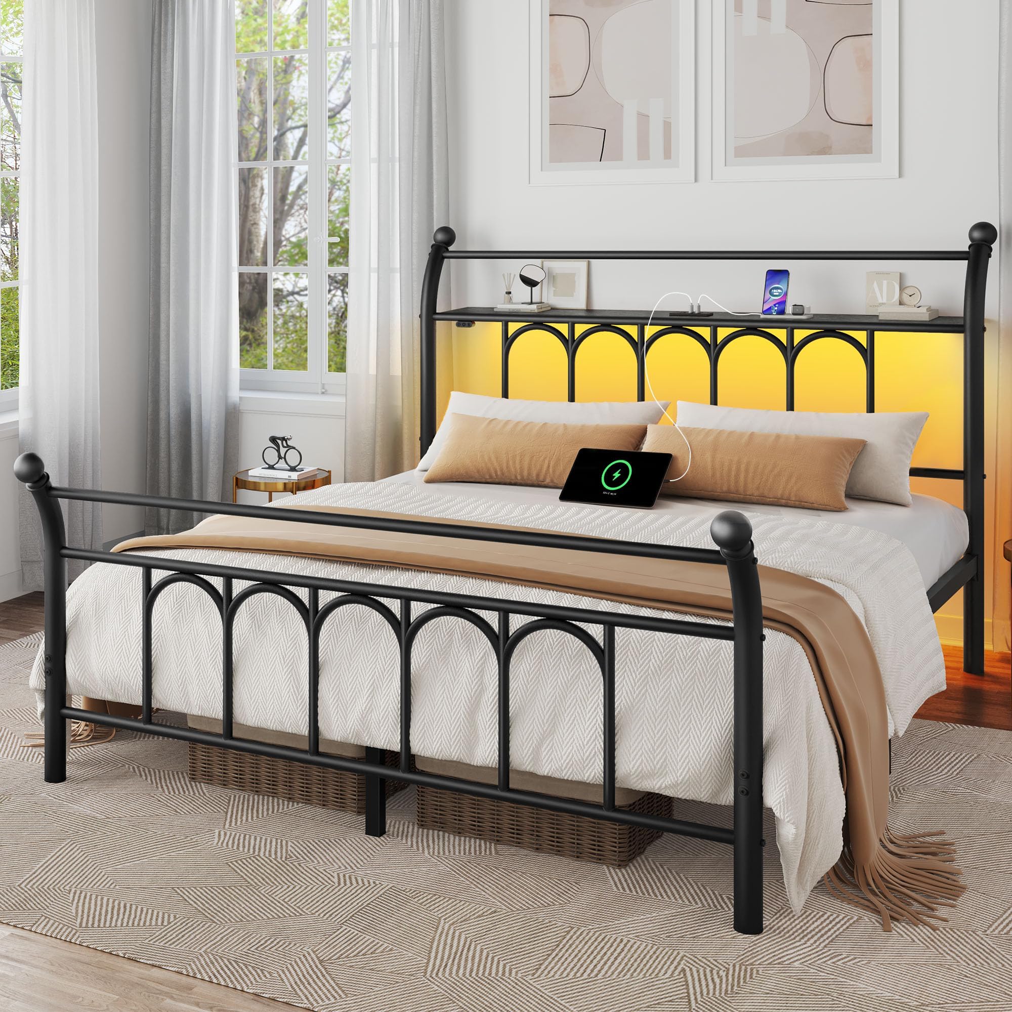 Rolanstar Full Bed Frame with USB Charging Station, LED Bed Frame with Storage Headboard, Black Metal Platform Bed with Sleigh Headboard and Footboard, No Box Spring Needed, Noise Free