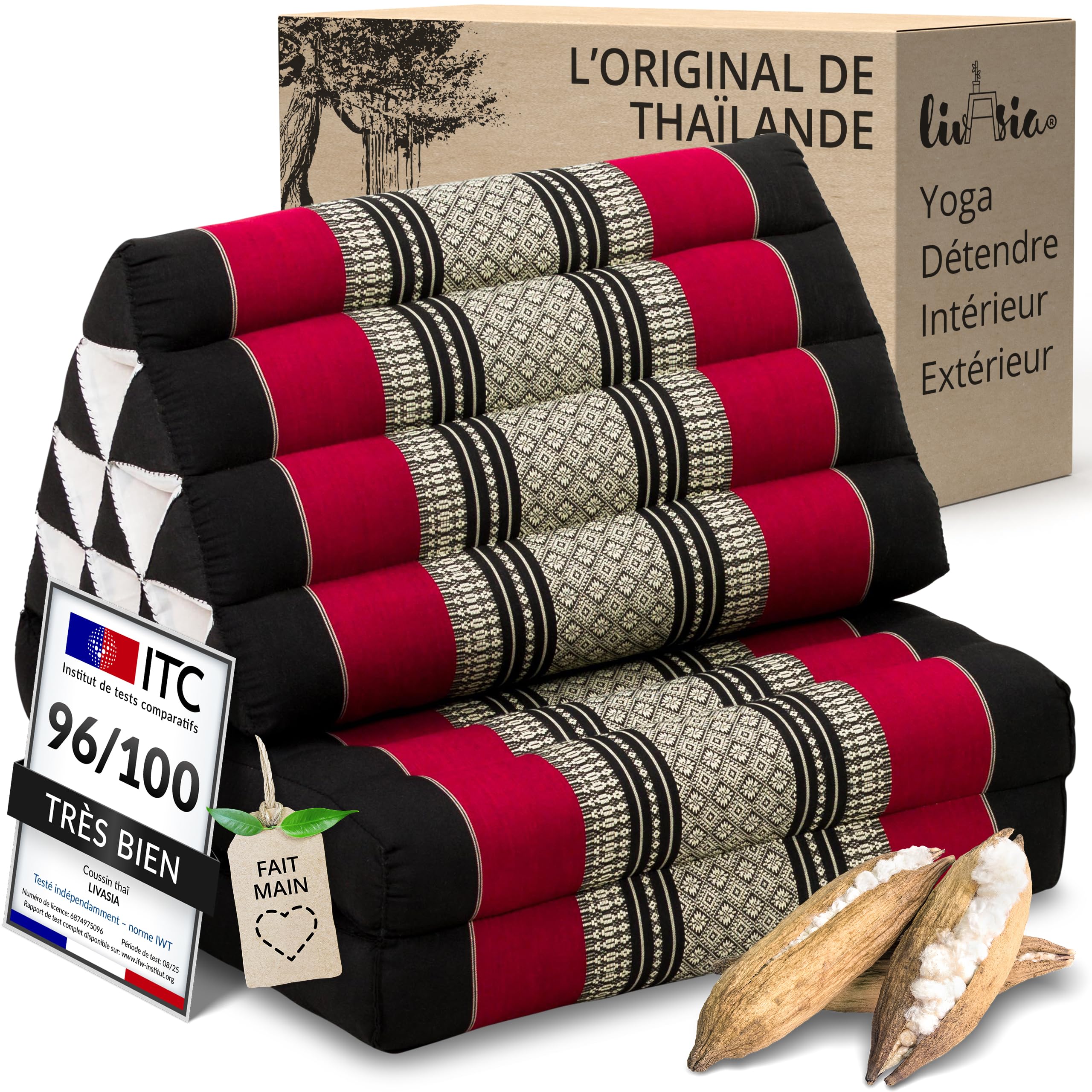 Coussin thaï à 2 blocs livasia 120x50x8cm pliable noir et rouge