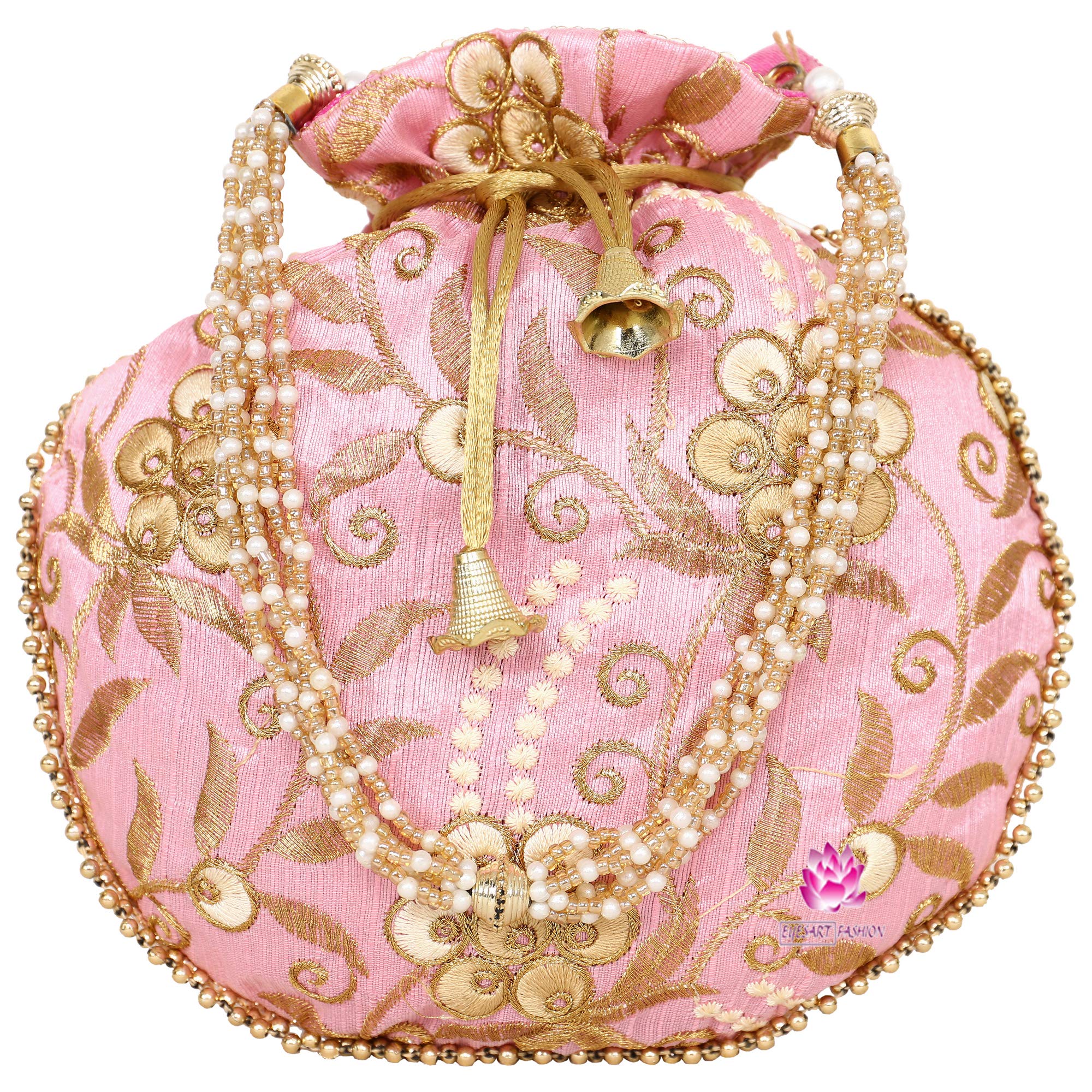 EkavyaPotli Bag for Women Ethnic Gold, Pearl Handle Floral Accents, Drawstring Closure Pearls Handle Batwa Clutch Purse