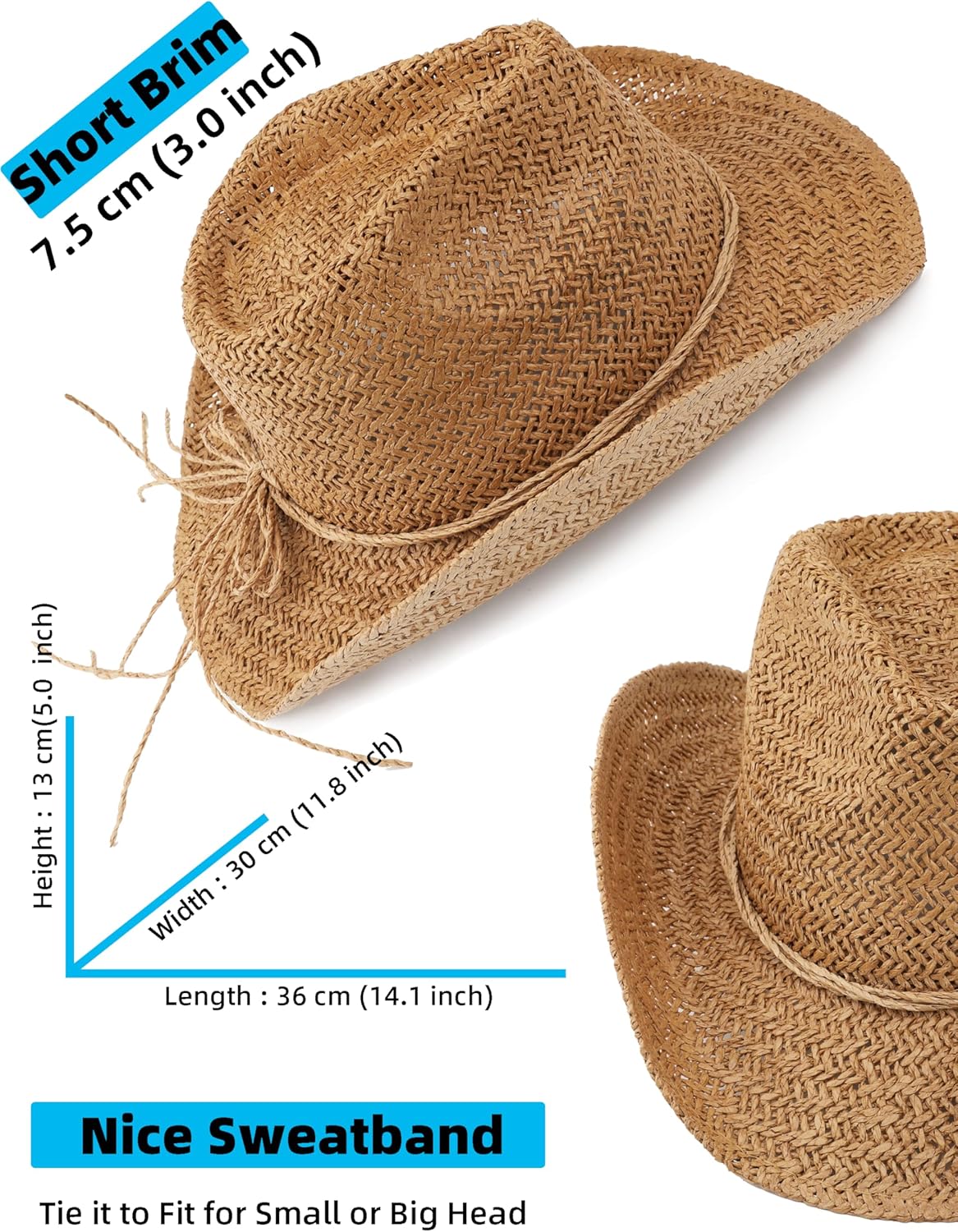 Straw Sun Beach Cowboy Hat for Women Short Brim Western Cowgirl Hat - Image 3
