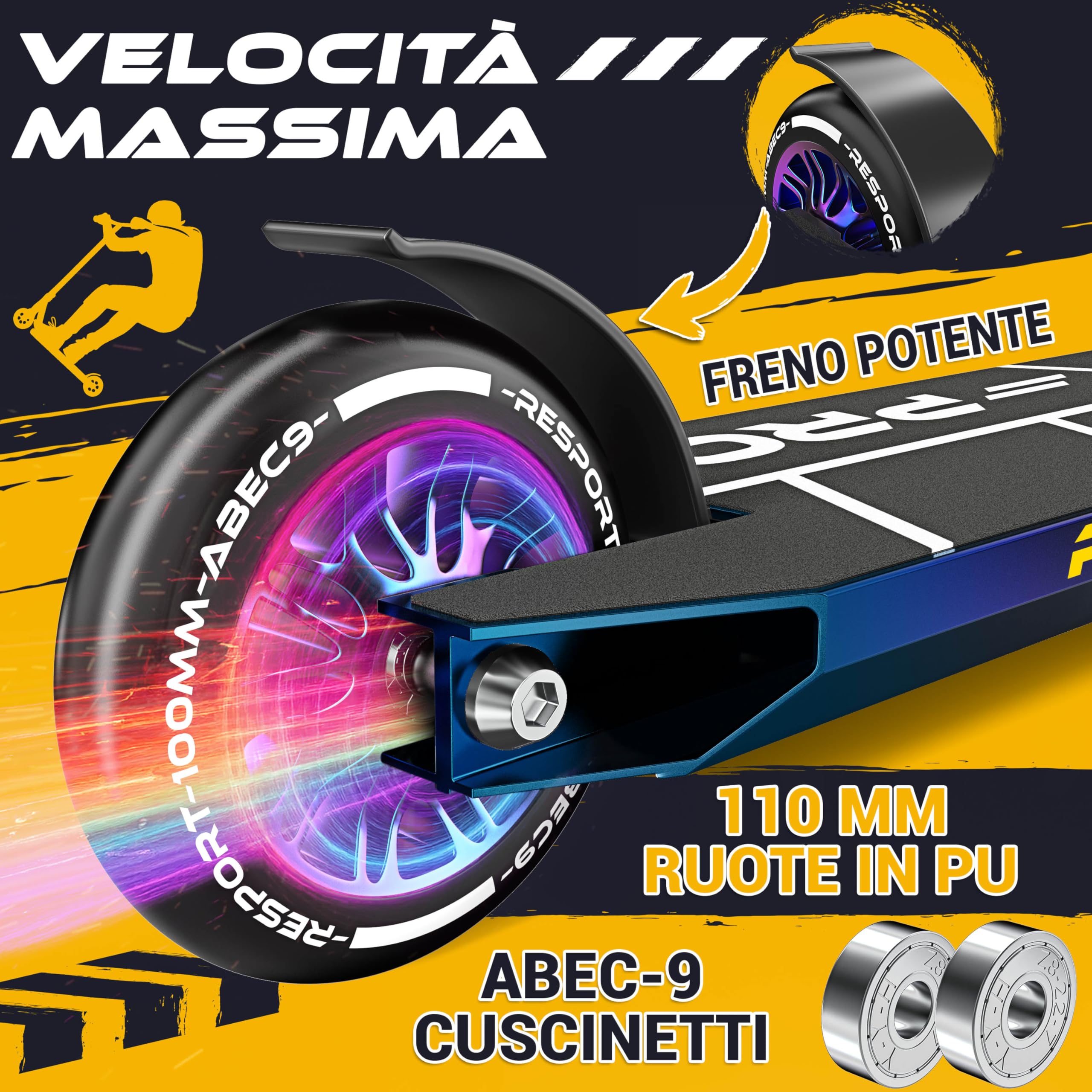 RE:SPORT Stunt Scooter Revo Pro per bambini e adulti con supporto, 110 mm, ruote in PU e Y-Bar, per acrobazie e monopattino ABEC 9, cuscinetti a sfera