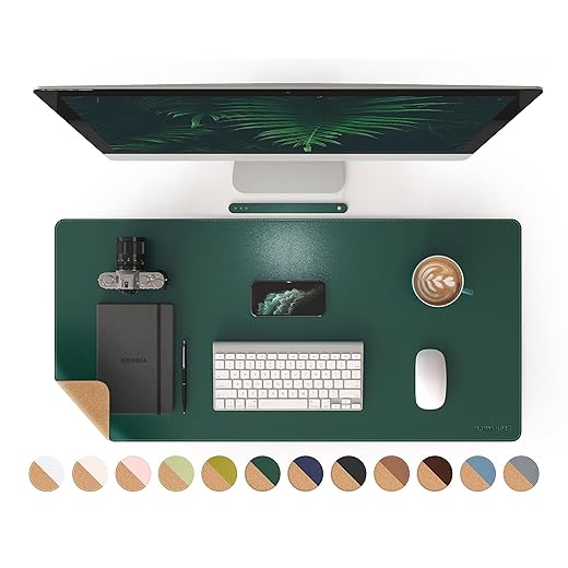 RENMTURE Dual-Sided Desk Pad, Natural Cork & PU Leather Large Mouse mats for Office and Home Work, Desk Protector Non-Slip, Waterproof, Easy Clean (Dark Green, 36"x17")