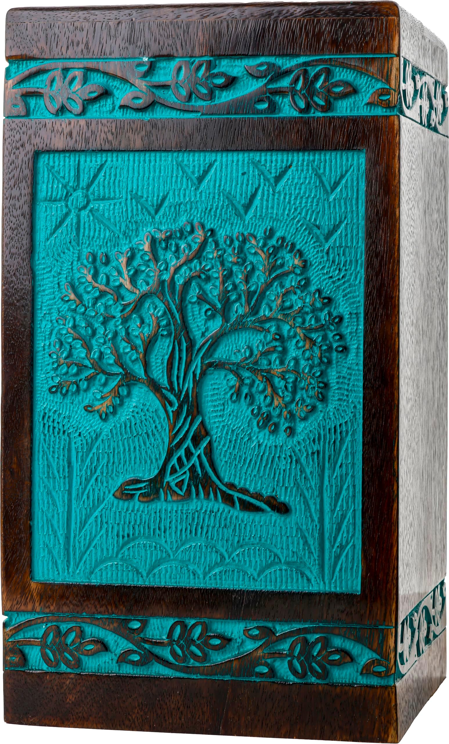 INTAJ Cremation Urn for Human Ashes - Wooden Urn Box for Ashes Handcrafted - Tree of Life Memorial Urn Funeral Cremation Urns (Teal Green, X-Large (250lbs or 115kg))