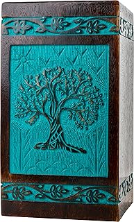 INTAJ Wooden Cremation Urns for Human Ashes - Large 180 lbs, Handcarved Tree of Life Design, Suitable for Men, Women, Mom, Dad - TSA Approved, Decorative Memorial Urn Box, Green