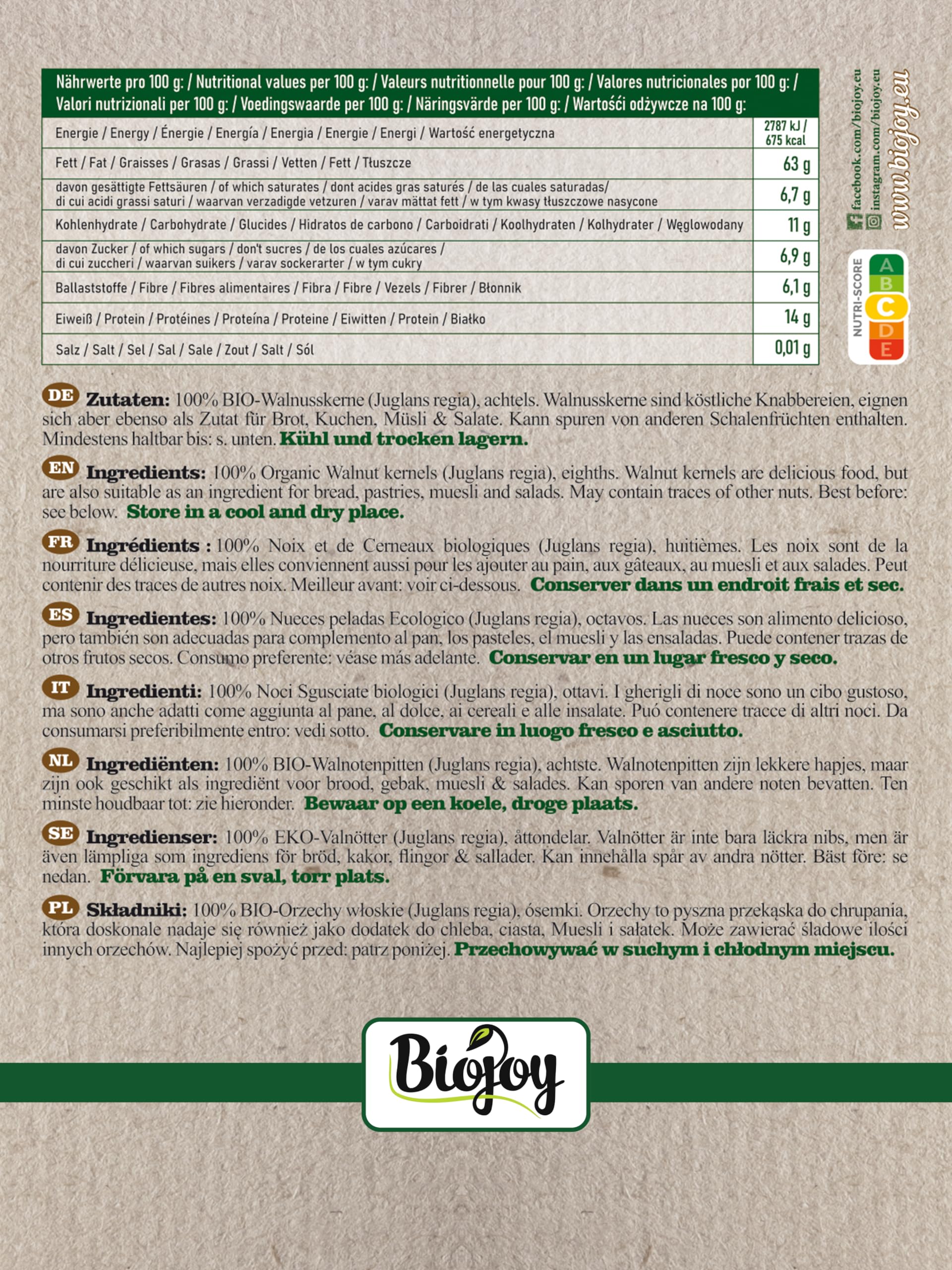 Biojoy Nueces Peladas Ecológicas (1 kg Octavos), crudas y sin aditivos (Juglans regia)