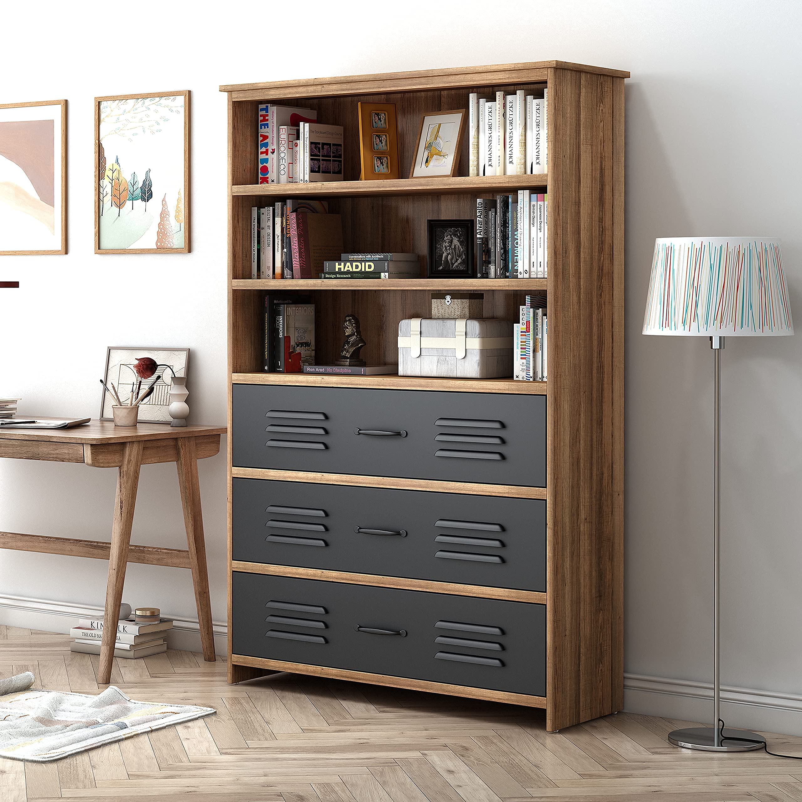 Buy Mixvisa Bookshelf with Drawers, Wood Bookcase with Adjustable Shelf