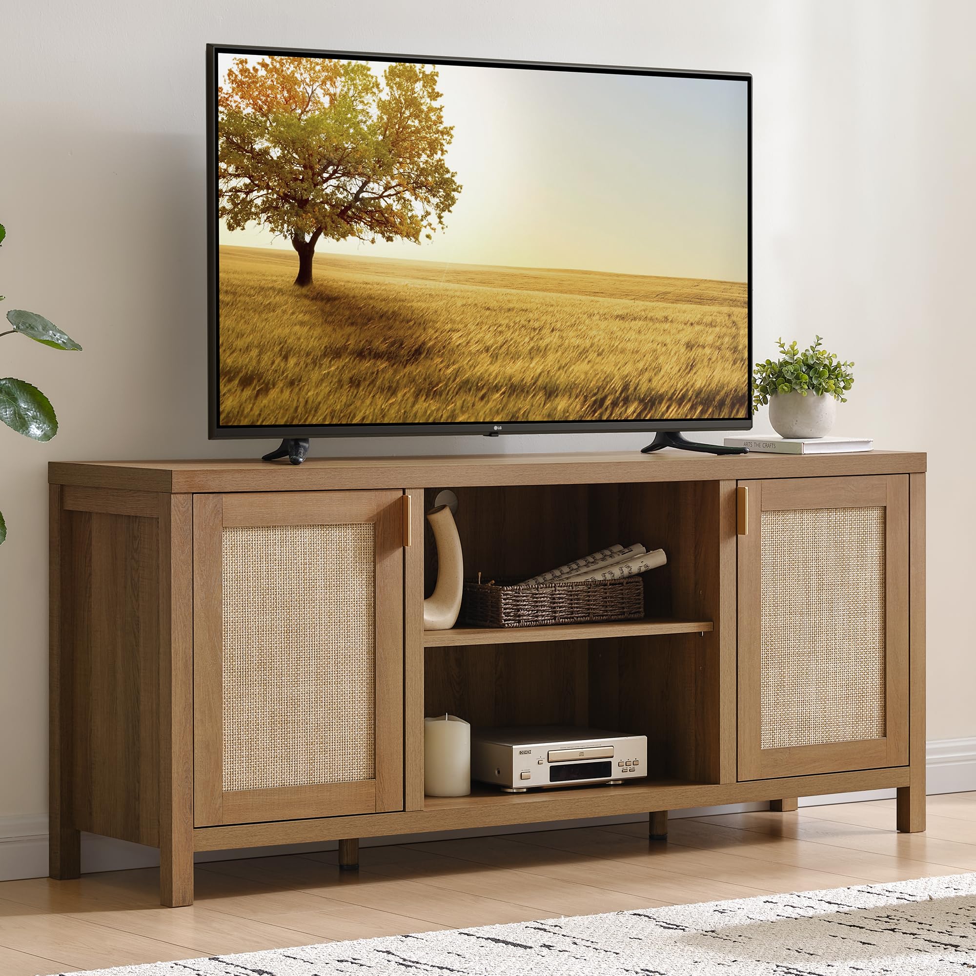 SICOTAS TV Stand for Living Room : Rattan TV Console Cabinet with Storage and Shelf, Boho Entertainment Center, 59" Media Console for 55, 65 Inch TV, 26" Tall Wood Television Stands, Oak