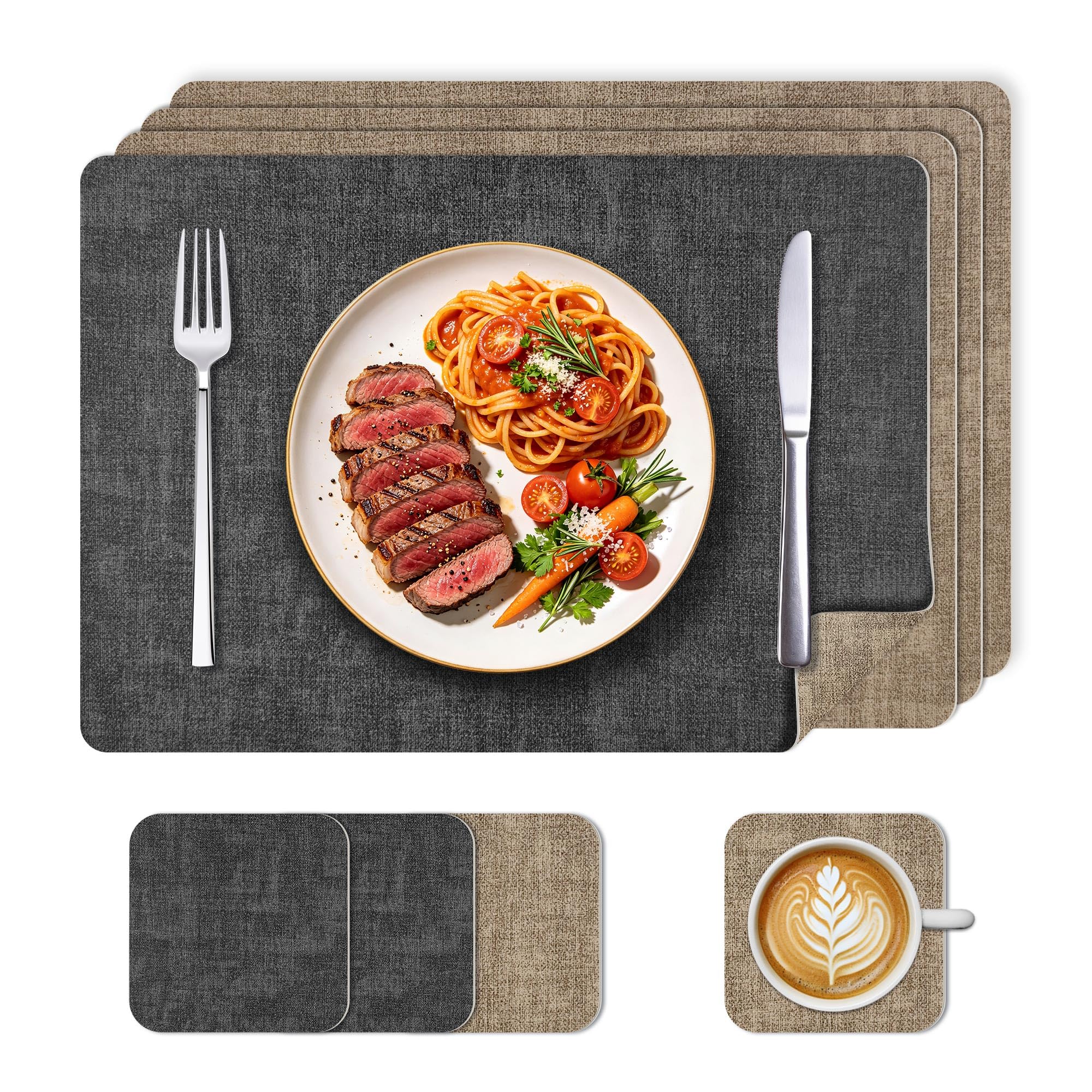 KitchenBoss Washable Place Mats and Coasters, Set of 4, Washable Dirt-Repellent  Non-Slip for Kitchen and Dining Room, 43 x 30 cm ⟮Grey/Beige⟯
