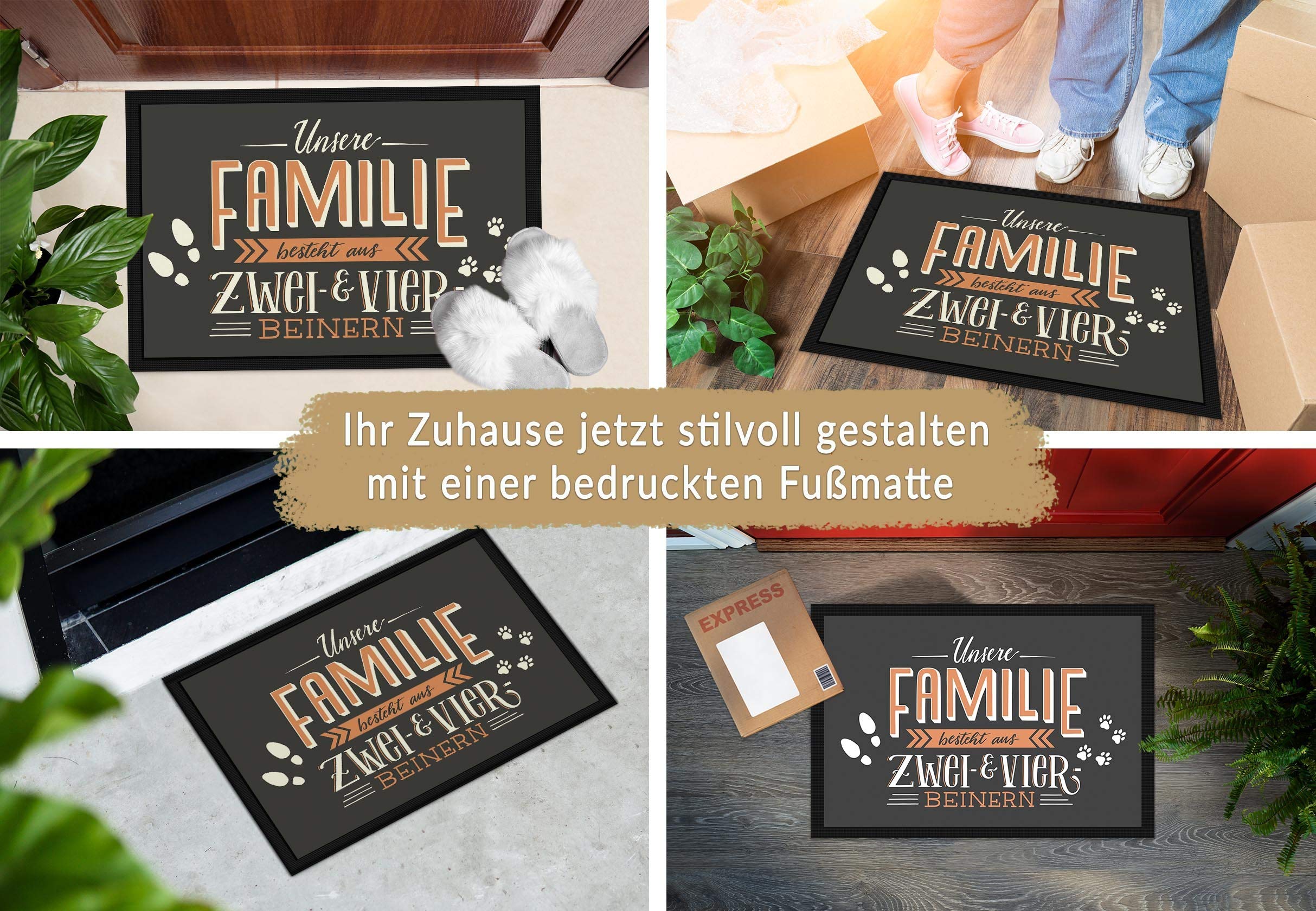 PfotenSchild Fußmatte mit lustigem Spruch - Unsere Familie besteht aus Zwei- und Vierbeinern - Geschenkidee für Familien mit Haustier - 90 x 60 cm
