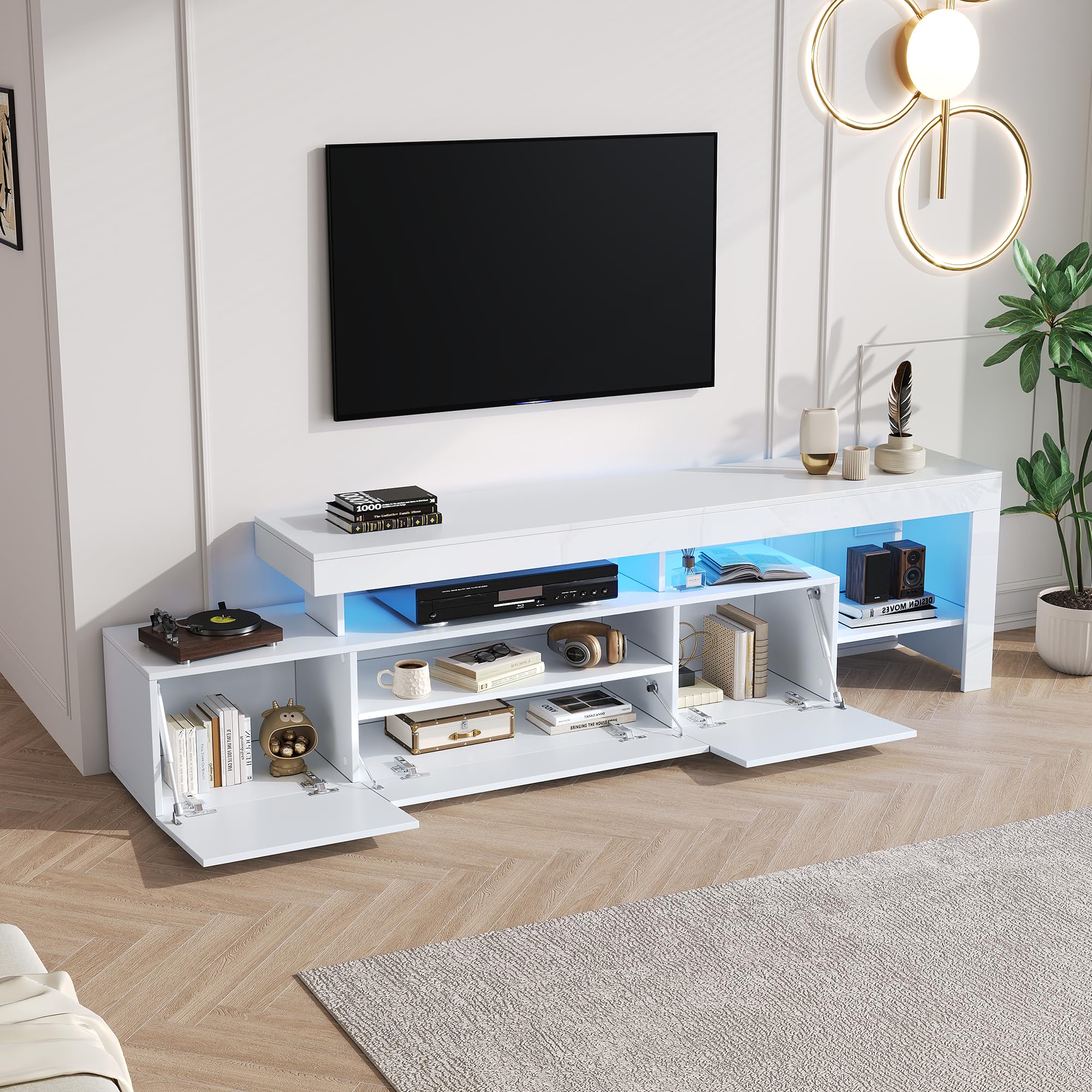 Merax TV-Schrank Weiß, TV Lowboard Hochglanz, mit LED-Beleuchtung, 192cm lang Fernsehtisch für 85 Zoll Fernseher, Moderne TV Bank aus Holz mit Drei Klapptüren, offene Regale, TV-Kommode für Wohnzimmer