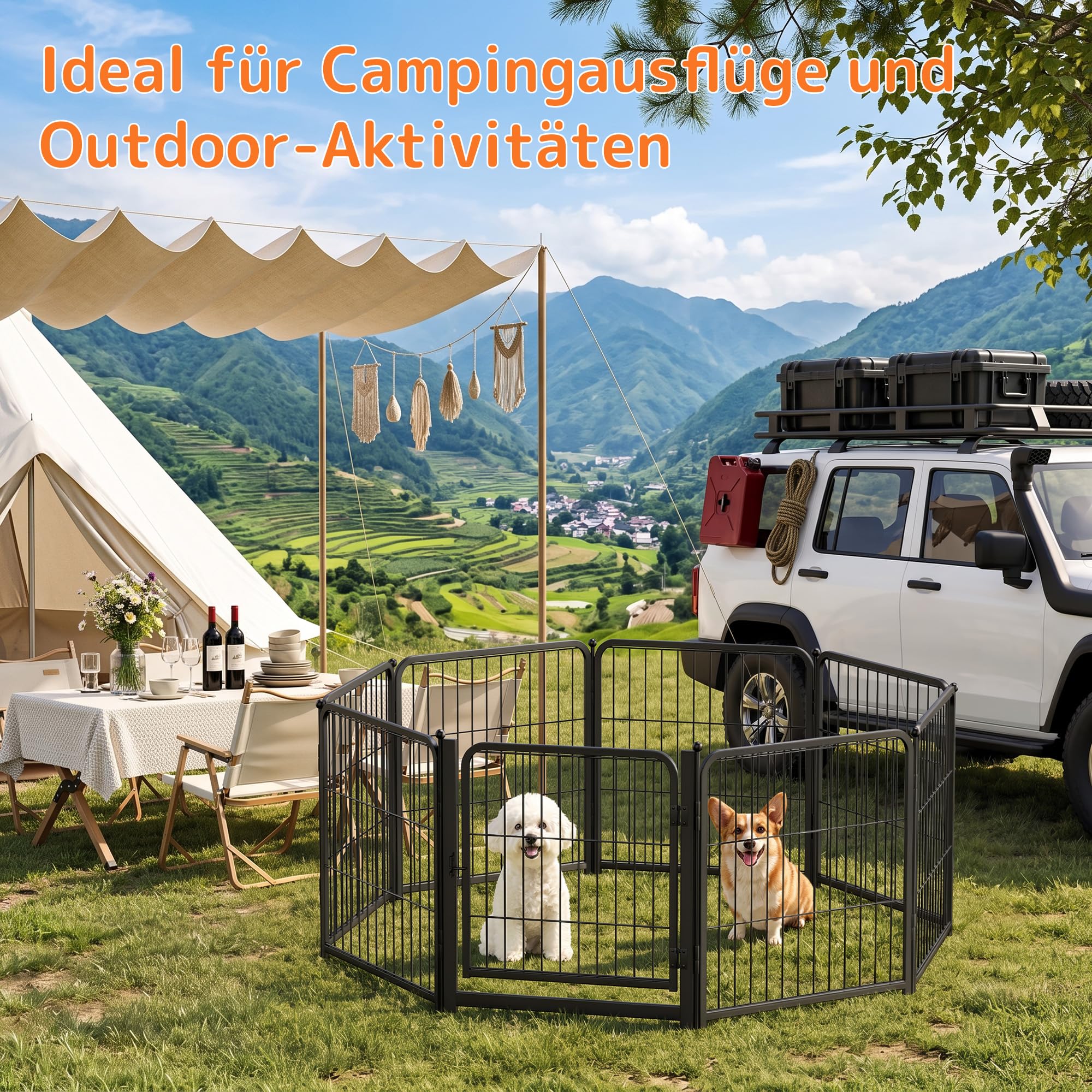 Frost IX Welpenauslauf 60cm Hoch, 8-teilig Faltbar Hundelaufstal mit Tür - Freilaufgehege für Welpen, Katzen & Kleintiere, Werkzeugloser Aufbau, Tragbarer Hundezaun für Indoor, Garten & Camping