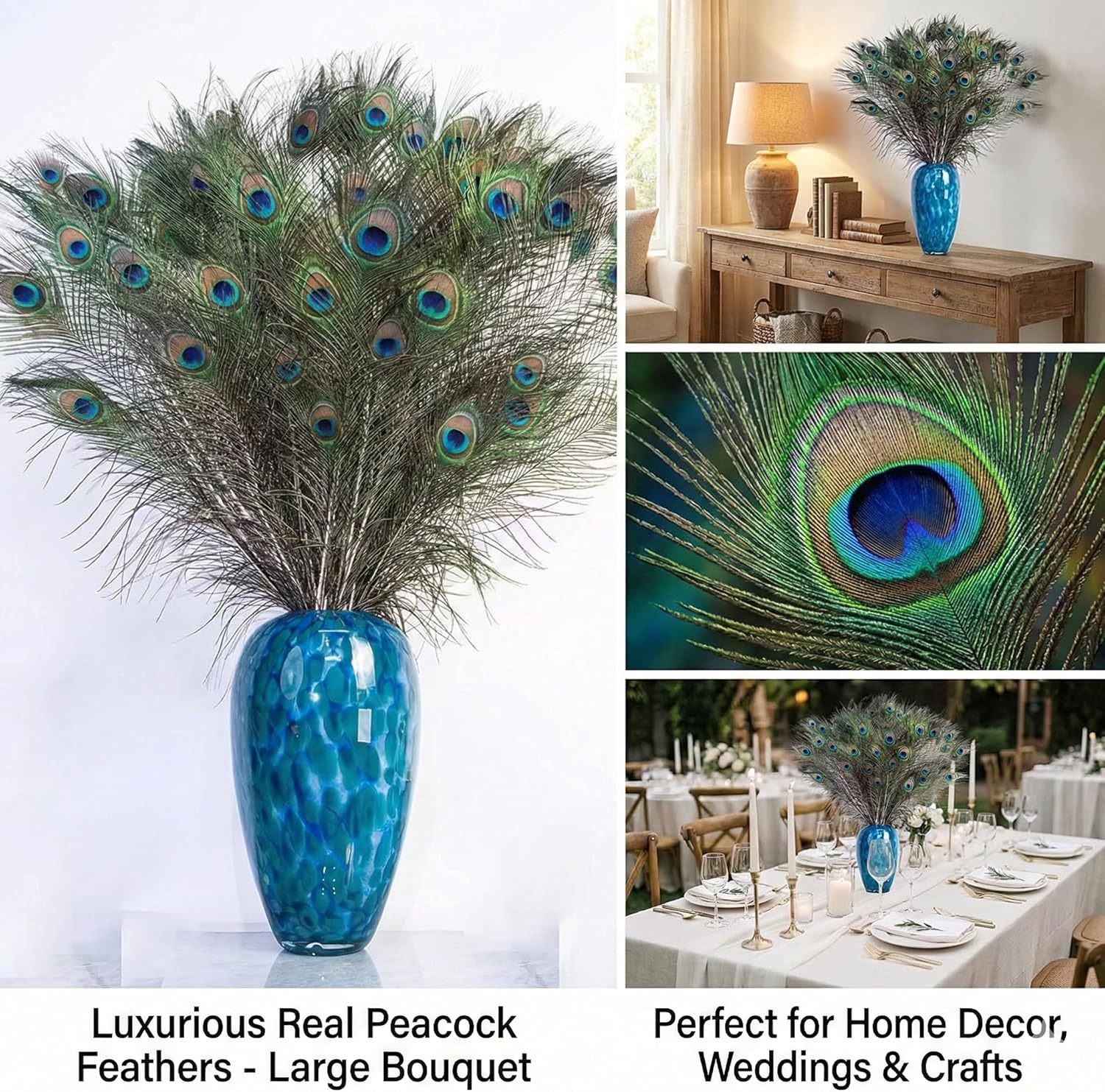 Lamar Peacock Feathers 40Pcs 28-32 Inch Ultimate Long Feathers Bulk Bundle for Tall Vases, Wedding Centerpieces, Home Decor, Costumes, and DIY Crafts