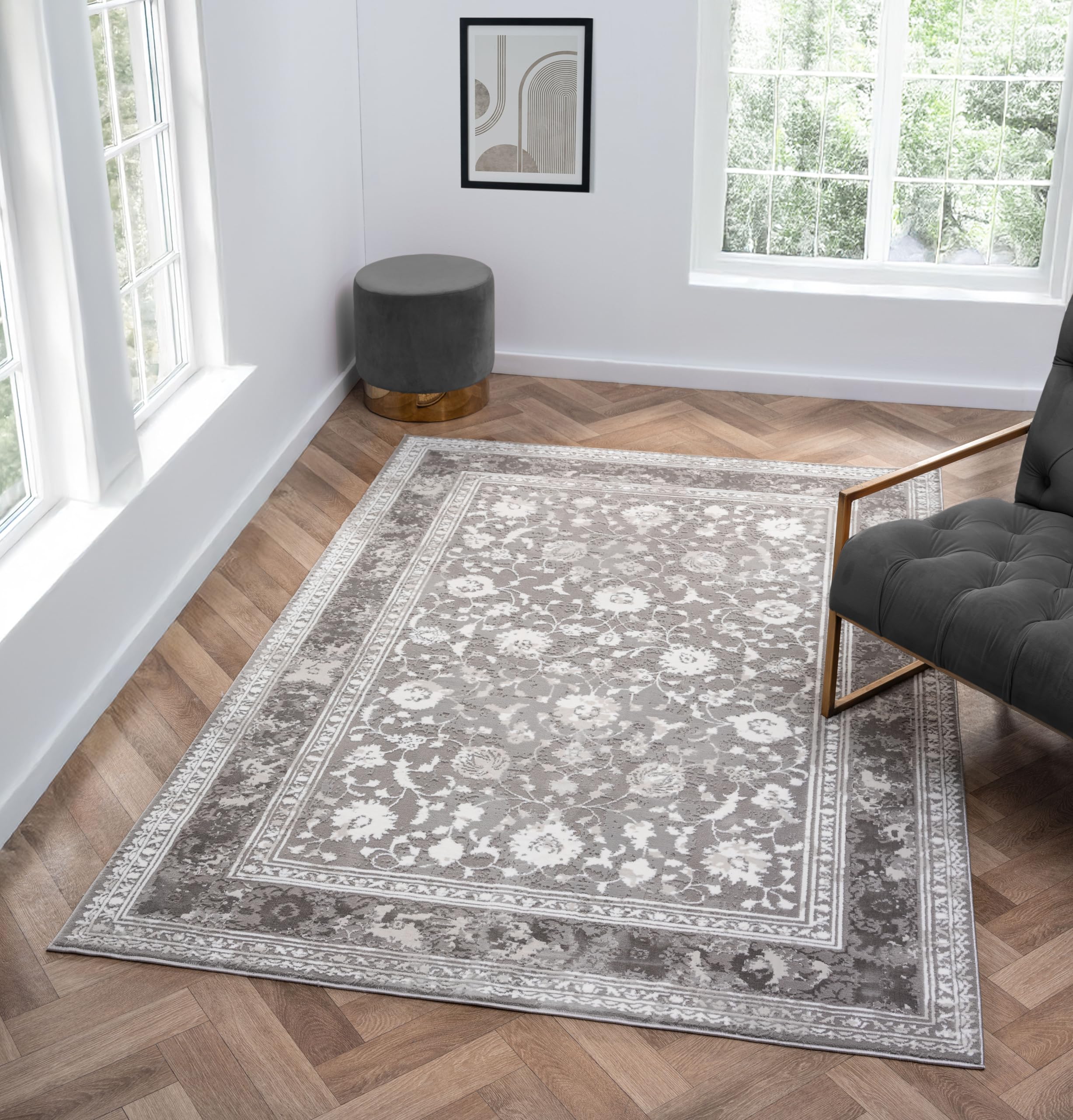 RUGGERRUGS Amber Traditional Floral Area Rug for Living Room 5x7 Vintage Persian-Inspired Gray Rug Medium Pile Stain Resistant