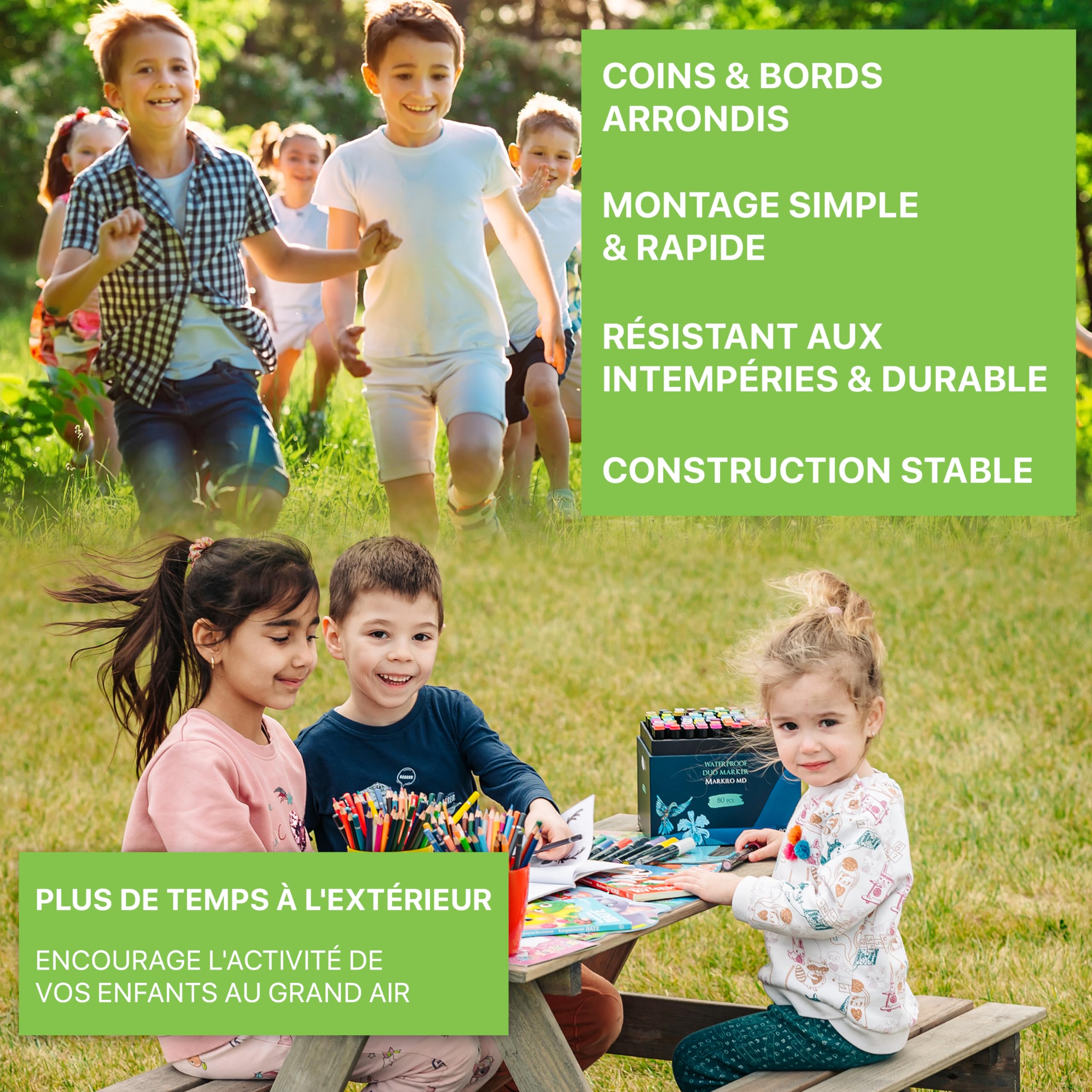 ITA Table de Pique-Nique pour Enfants en Bois avec 2 bancs, Ensemble Table et bancs pour Enfants dès 3 Ans, pour intérieur et extérieur, Bois certifié FSC, fabriqué dans l'UE, Marron