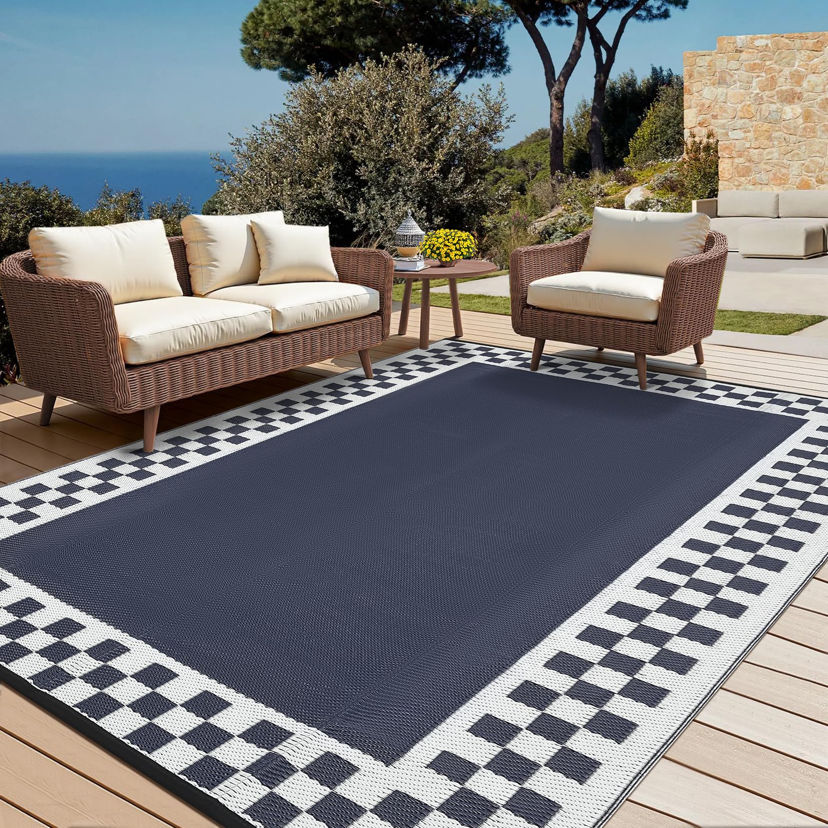 CAROMIO Outdoor Rug 240 x 300 cm Portable Reversible Plastic Straw Camping Mat for Outside Large Waterproof Outdoor Area Rugs Lightweight Bordered RV Mat Carpet for Deck, Porch, Balcony, Blue/White