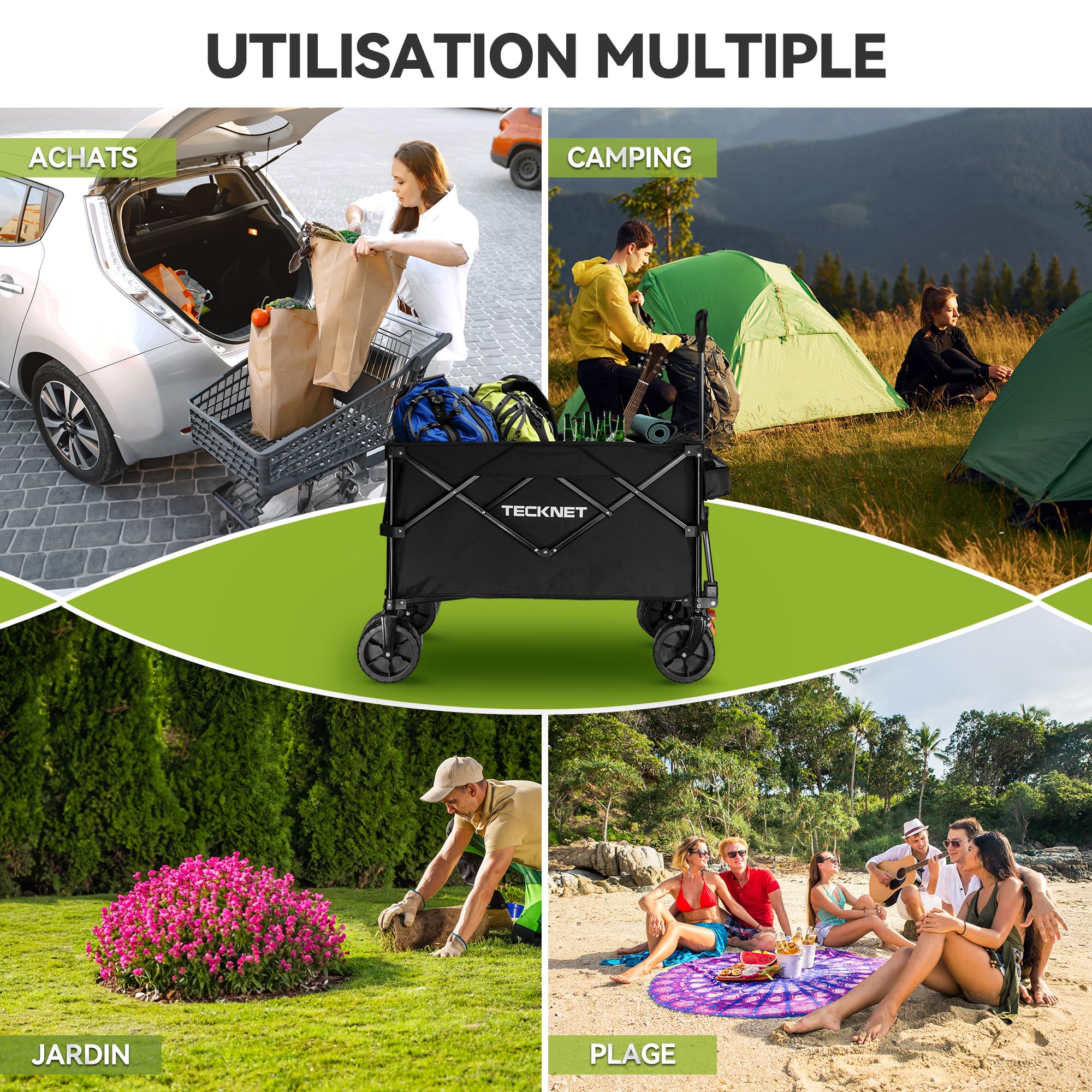 TECKNET Chariot de transport pliable avec freins - 180 l - 150 kg - Charge maximale : 150 kg - Pour la plage, le camping, le camping, les festivals - Noir