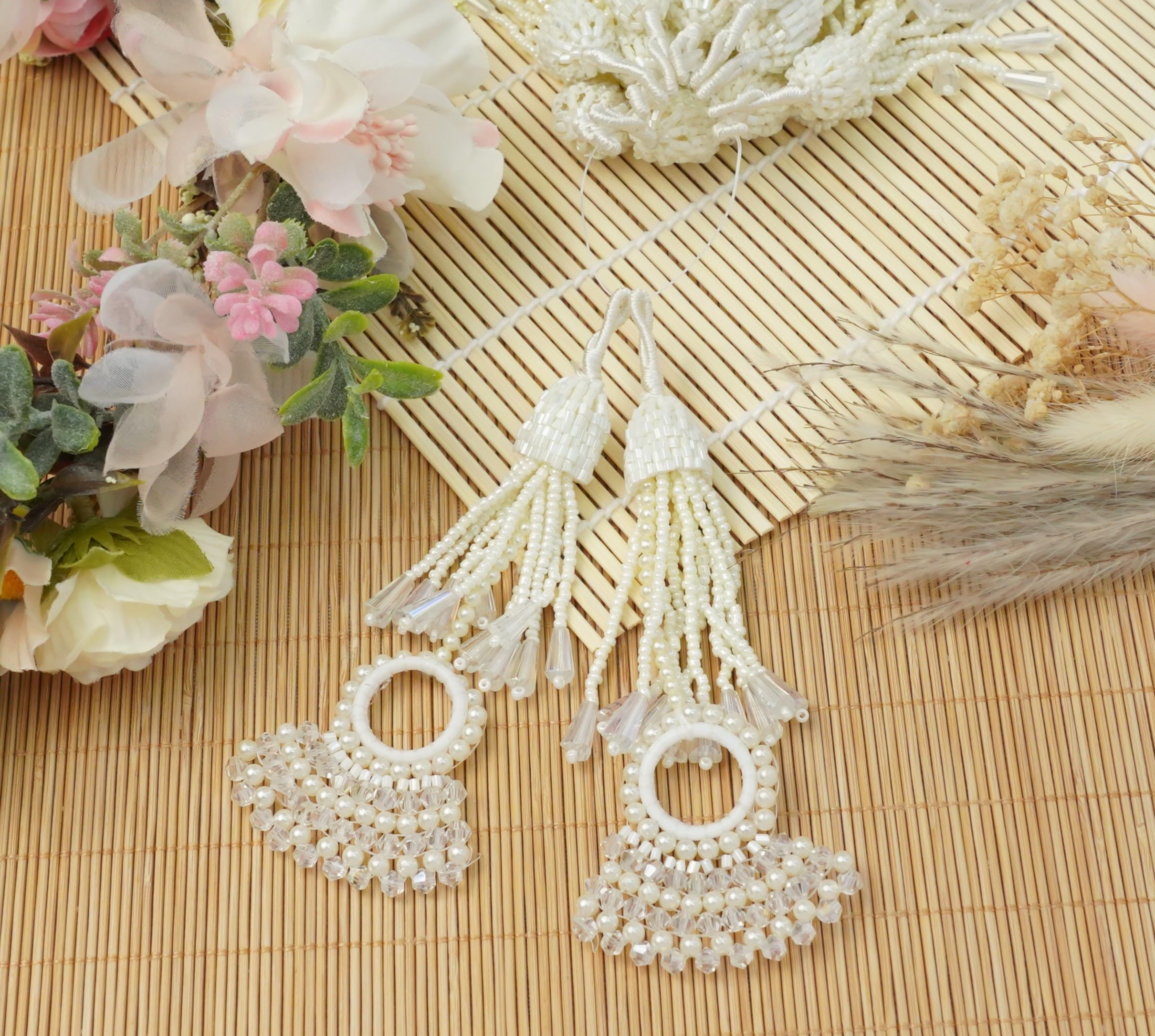 Feathers Creation Ltd Sew on Tassels garland for Curtain Edge Blouse Latkan Wedding Dress Tassel Sold per Pair 5 inch Inch Long (Cream)