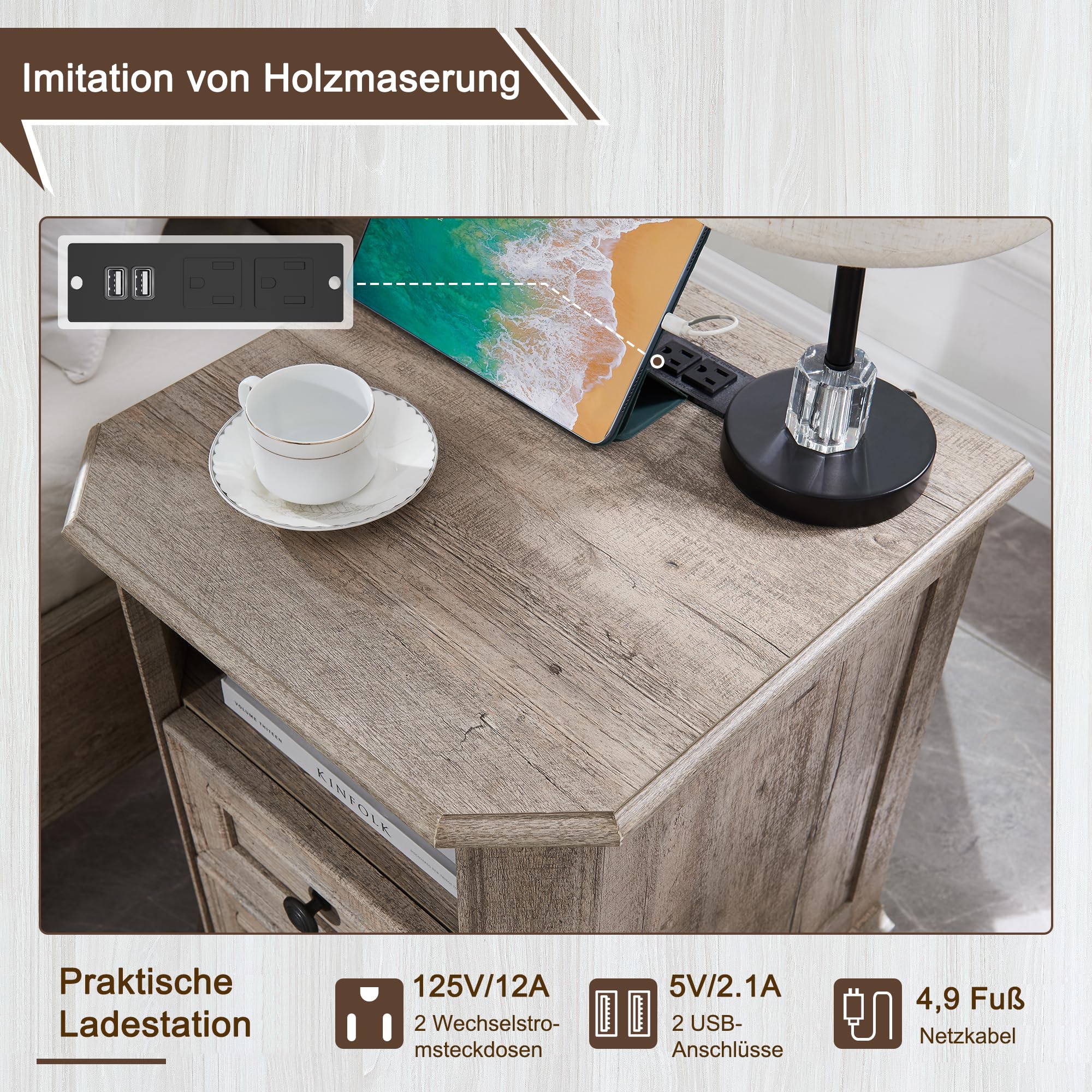 Comodino in stile rustico con stazione di ricarica, 45 cm, con 2 cassetti, in legno, per camera da letto e soggiorno (rovere rustico chiaro)