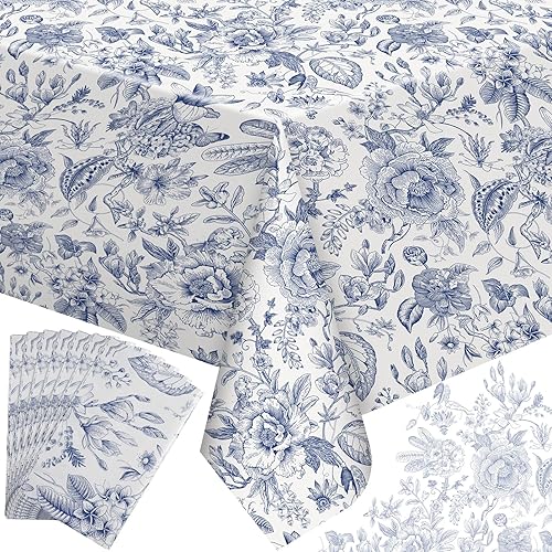 Miniatura 1 de Mantel rectangular de plástico floral azul gris y vintage, para bodas, fiestas, mantel de plástico con flores para vacaciones y cumpleaños (54 x 108