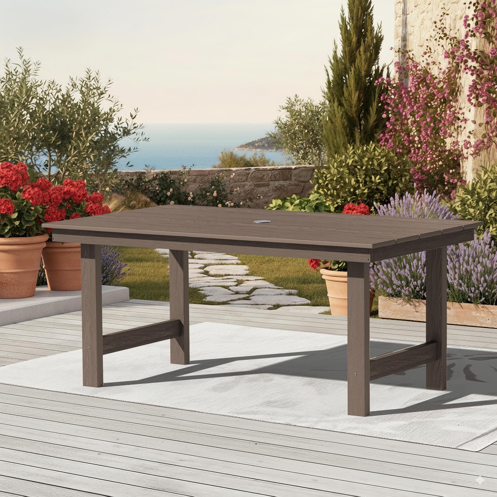 KINGYES All Weather Outdoor Dining Table with Umbrella Hole, HDPE Rectangular Patio Table for Backyard, Garden, Porch, Deck, Dark Brown : Home & Kitchen