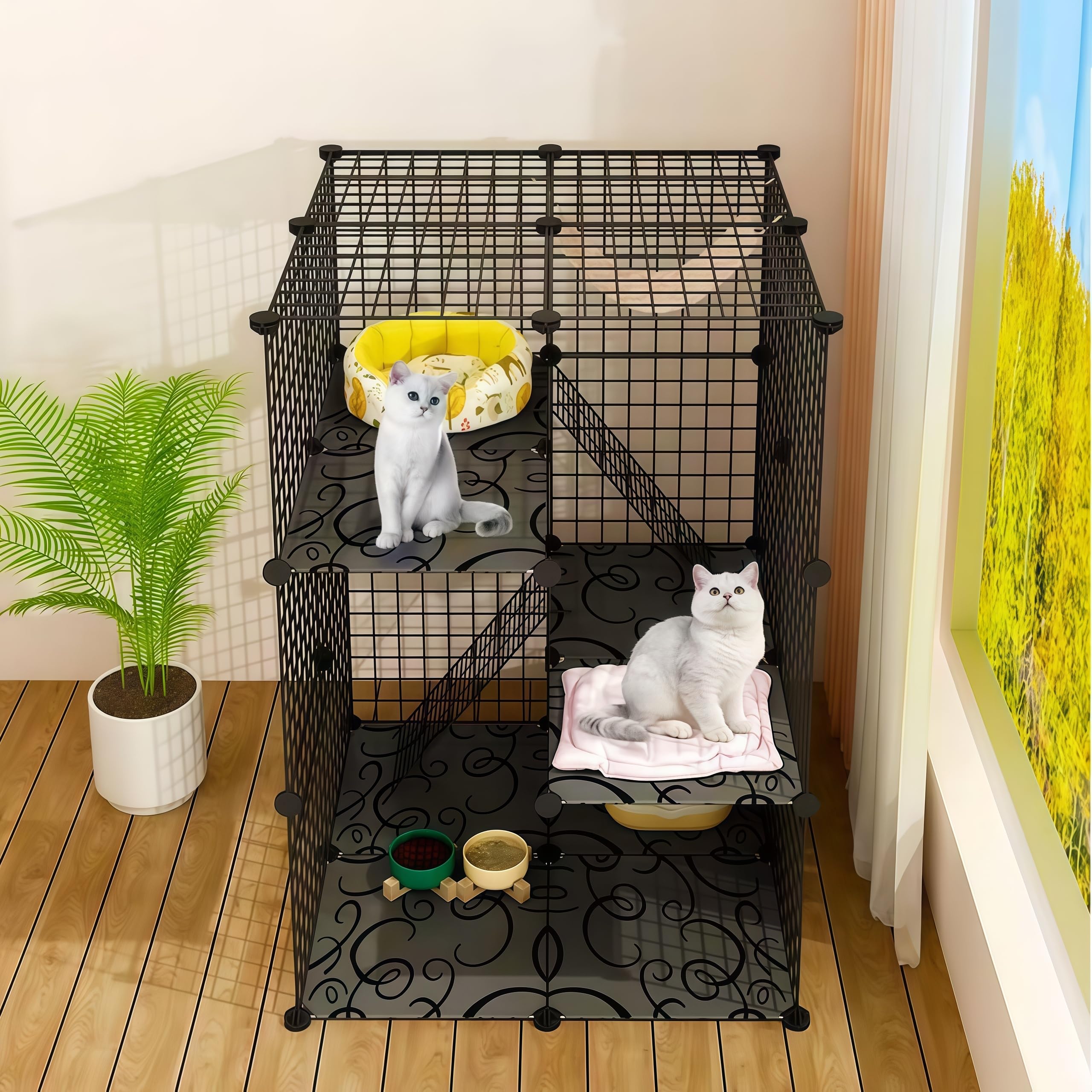 Enclos pour Chat d'intérieur à Monter soi-même, Cage Amovible en Fil métallique 70 x 70 x 105 cm, 3 Niveaux, Noir