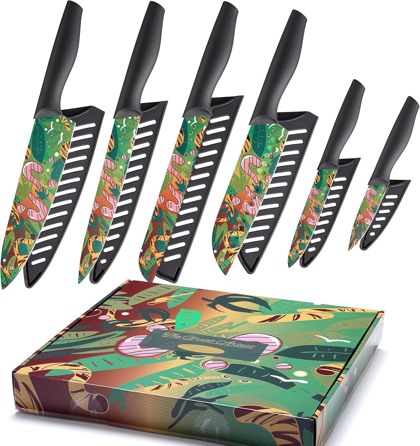 Marco Almond Knife Set Artistic Designed Pattern Kitchen Knife 6 Stainless Steel Kitchen Knives w 6 Blade Guards,Dishwasher Safe Kitche Knife Set for Family Kitchen Knives Set for Chefs Green-Black