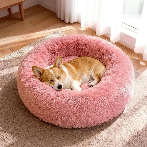 Miniatura 13 de Cama para perros en forma de dona, tamaño mediano, camas redondas para perros y gatos pequeños y medianos con piel sintética esponjosa lavable,